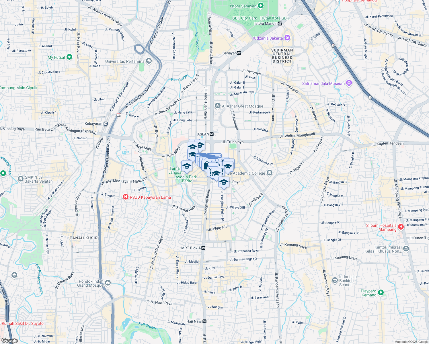 map of restaurants, bars, coffee shops, grocery stores, and more near Jalan Melawai 6 Gate in Djakarta