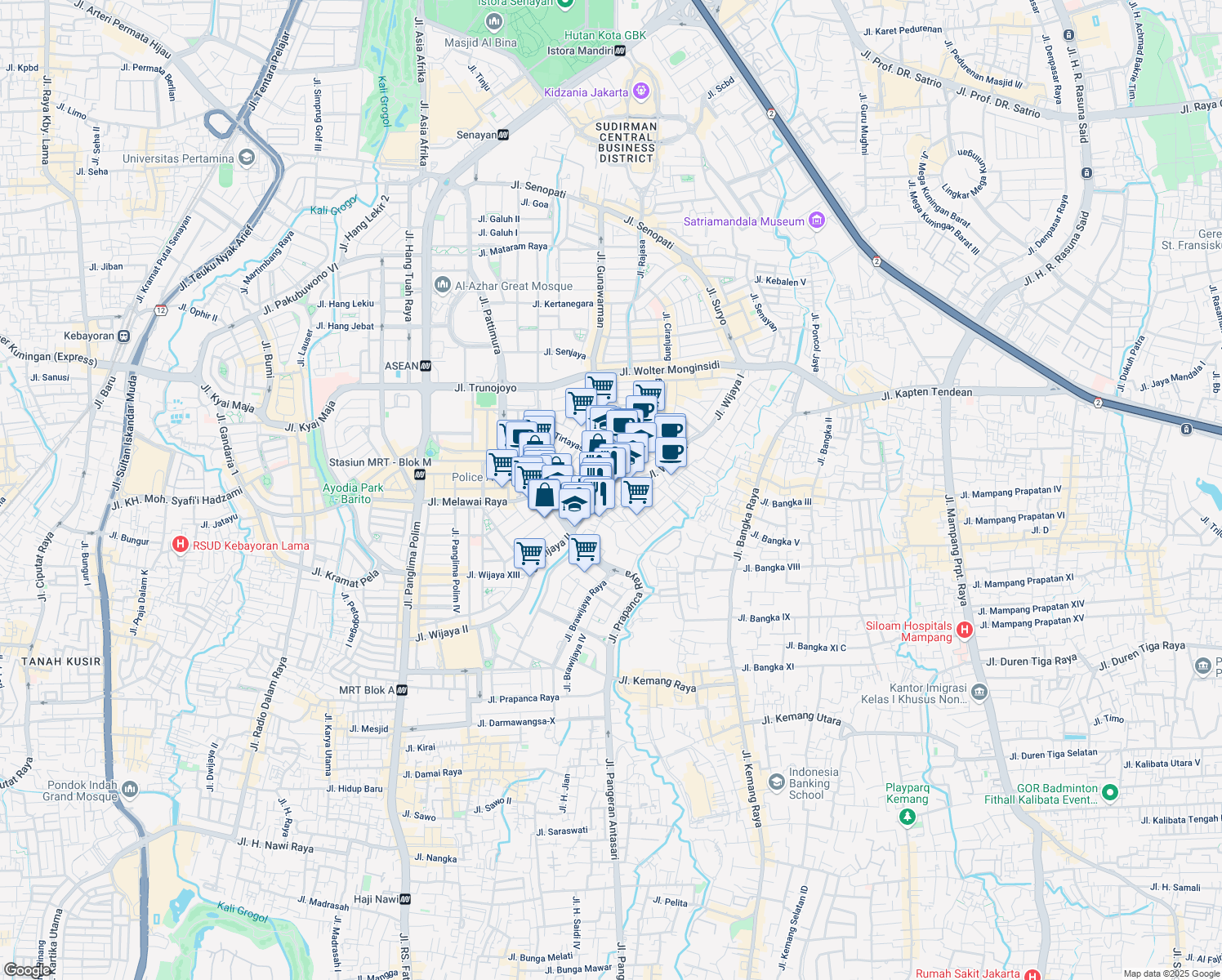 map of restaurants, bars, coffee shops, grocery stores, and more near 65 Jalan Wijaya I in Kota Jakarta Selatan