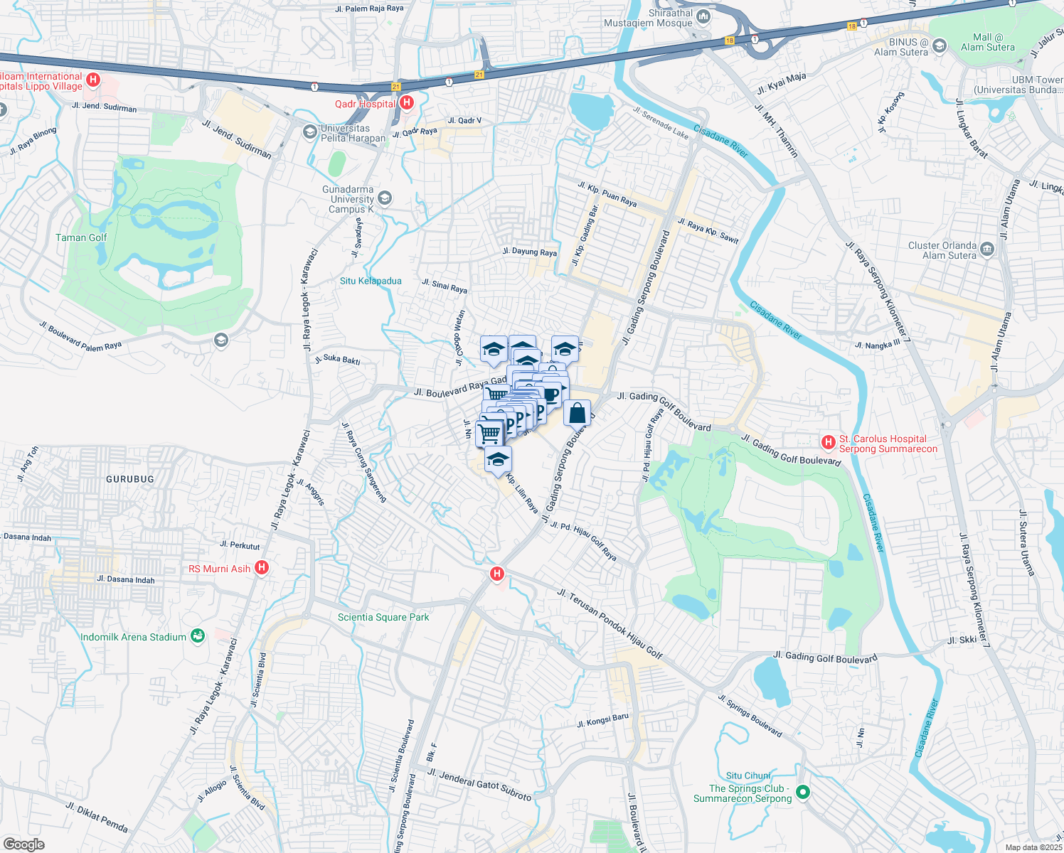 map of restaurants, bars, coffee shops, grocery stores, and more near Jalan Kelapa Lilin Raya in Tangerang
