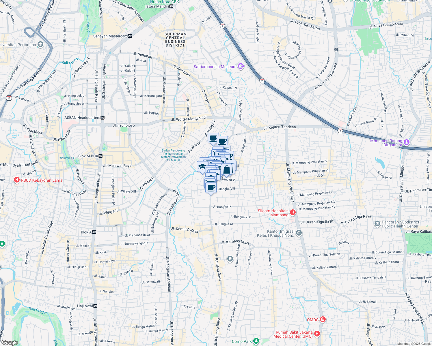 map of restaurants, bars, coffee shops, grocery stores, and more near Jalan Bangka Raya in Kota Jakarta Selatan