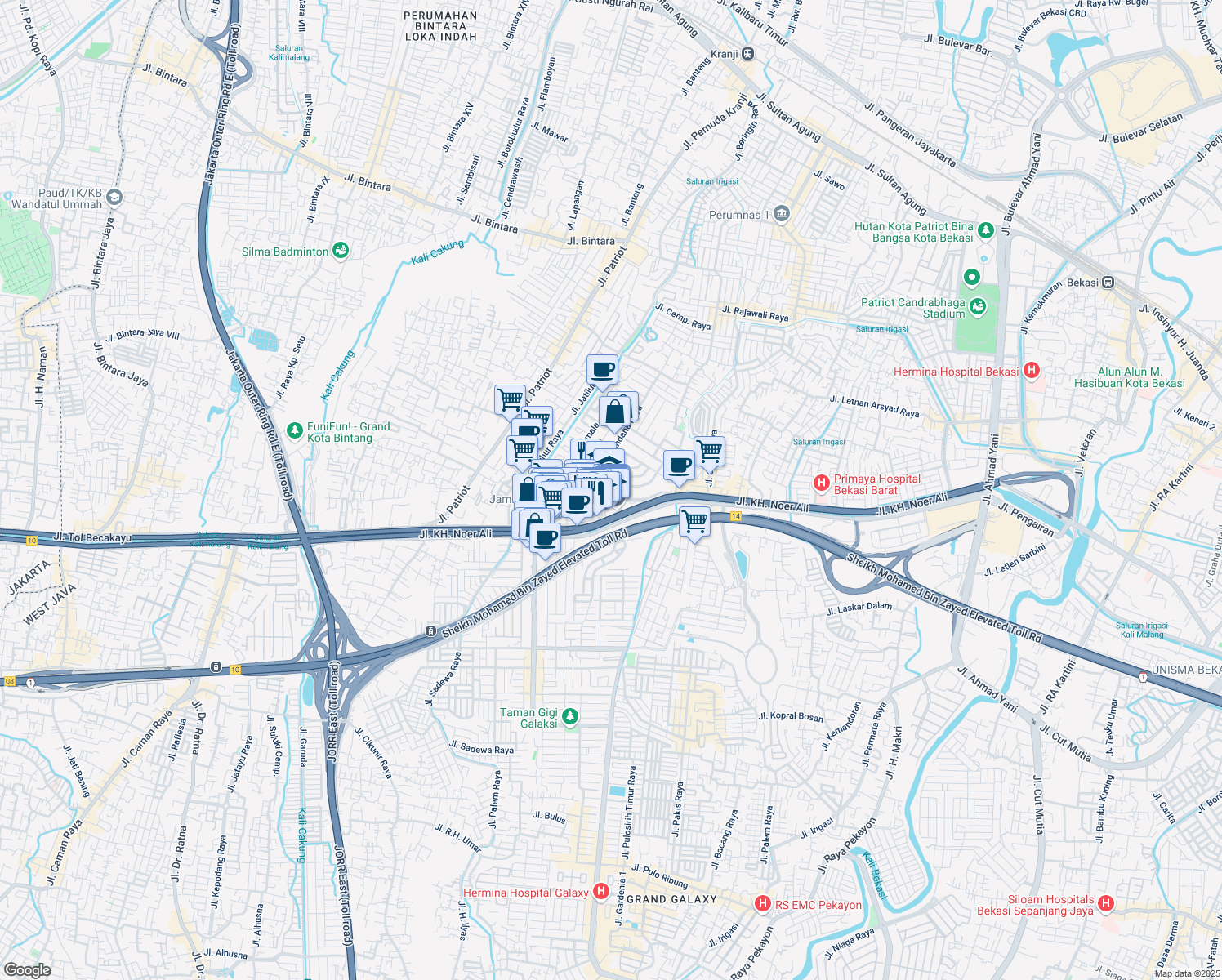 map of restaurants, bars, coffee shops, grocery stores, and more near 30 Jalan Kenanga Raya in Kota Bekasi