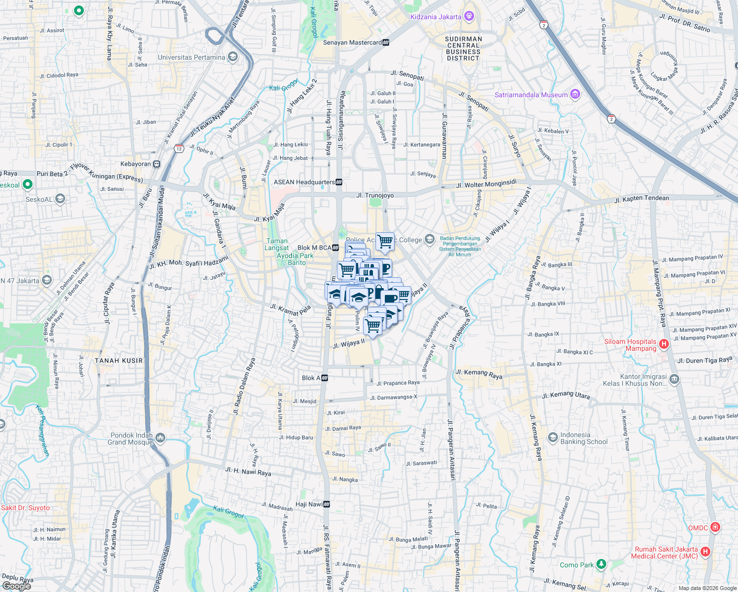 map of restaurants, bars, coffee shops, grocery stores, and more near 36 Jalan Panglima Polim II in Kota Jakarta Selatan