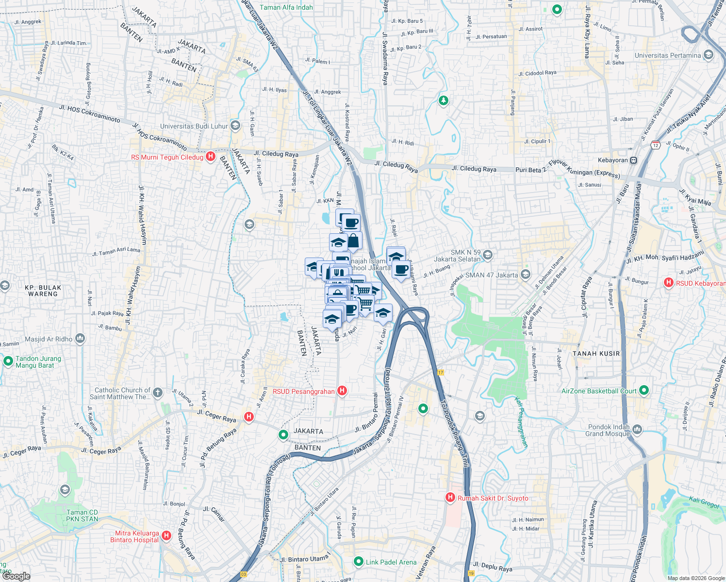 map of restaurants, bars, coffee shops, grocery stores, and more near 3 Jalan Meriah in Kota Jakarta Selatan