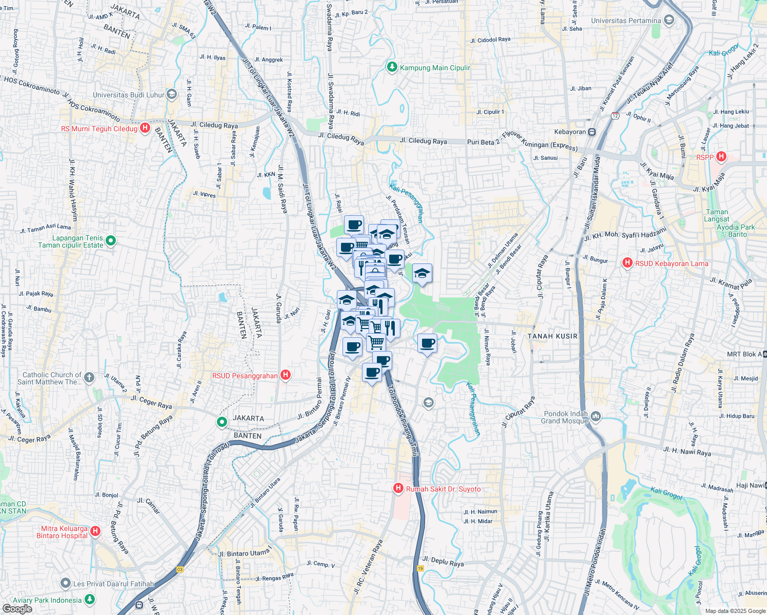 map of restaurants, bars, coffee shops, grocery stores, and more near Jalan Pancoran in Kota Jakarta Selatan