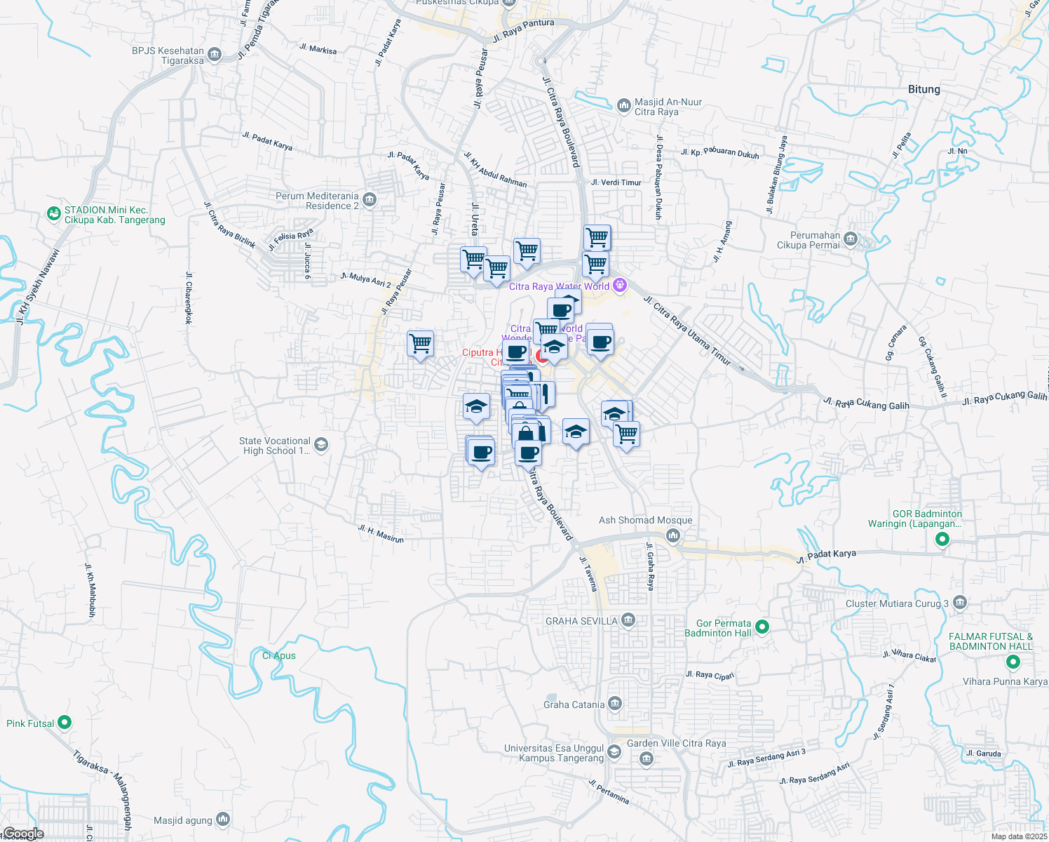 map of restaurants, bars, coffee shops, grocery stores, and more near Unnamed Road in Tangerang