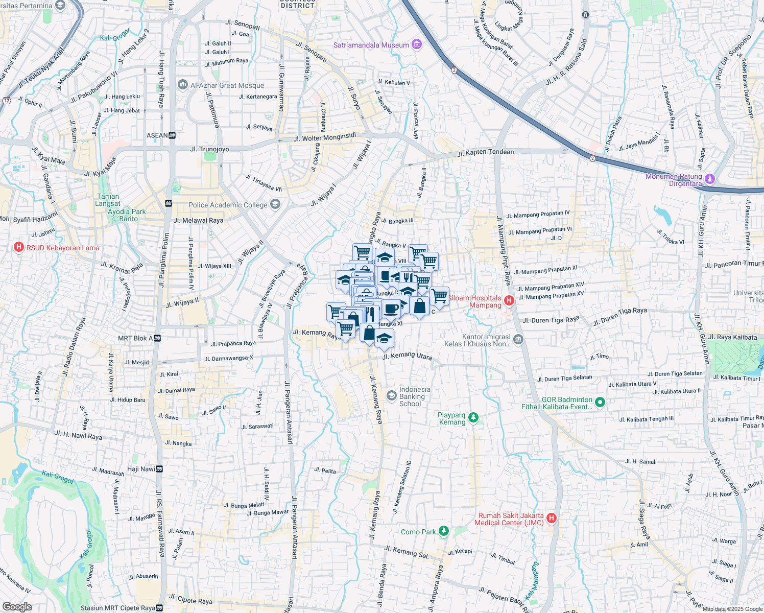 map of restaurants, bars, coffee shops, grocery stores, and more near 12 Jalan Bangka XI A in Kota Jakarta Selatan