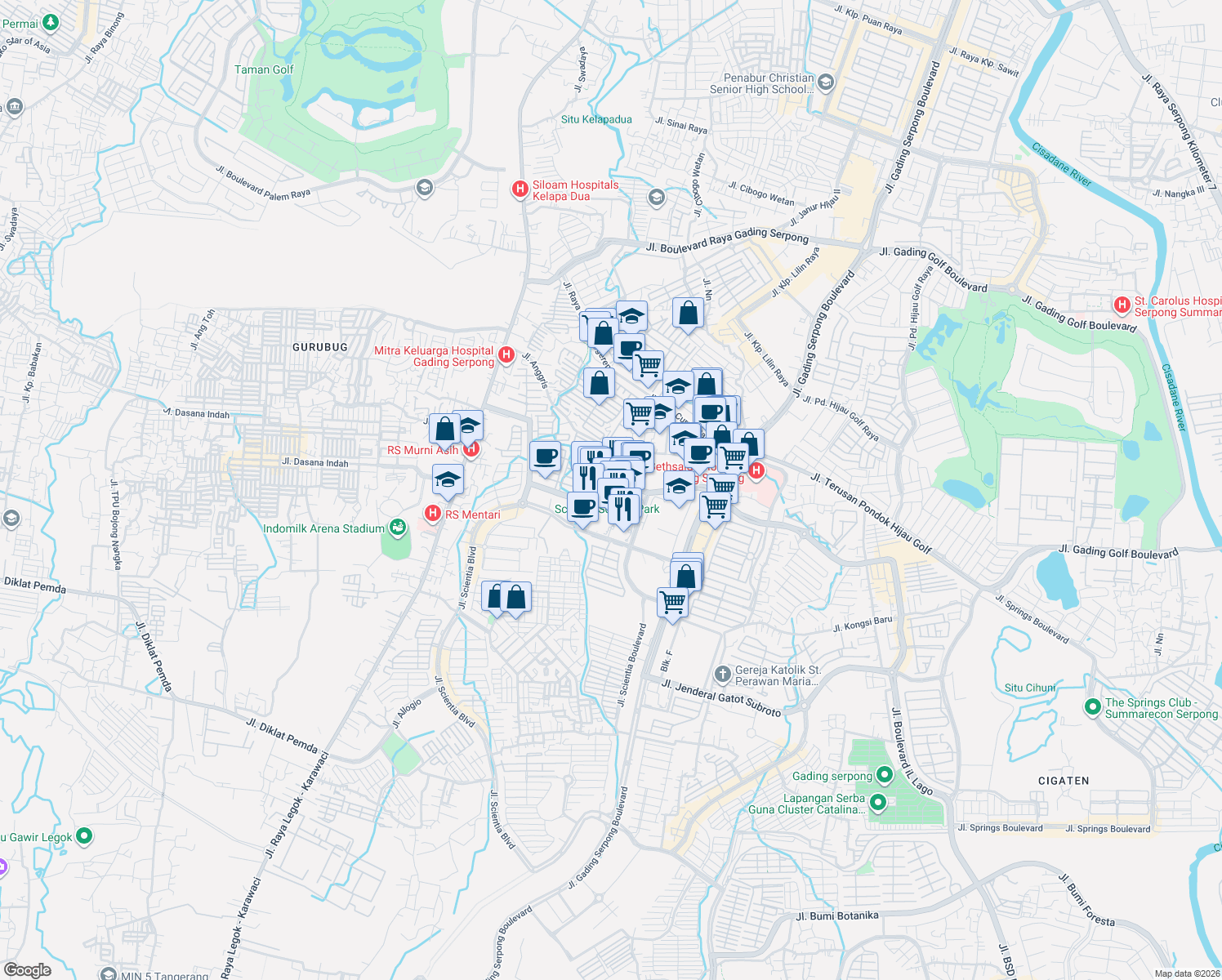 map of restaurants, bars, coffee shops, grocery stores, and more near Jalan Boulevard Raya Gading Serpong in Tangerang
