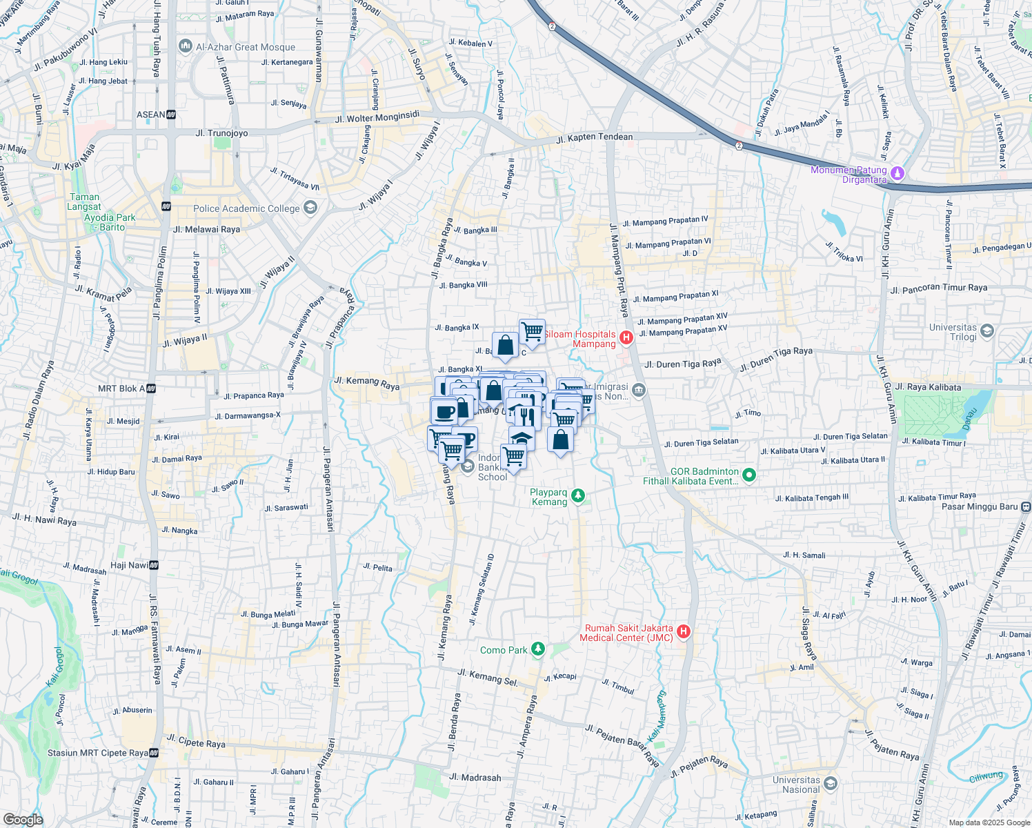 map of restaurants, bars, coffee shops, grocery stores, and more near Jalan Kemang Utara in Kota Jakarta Selatan