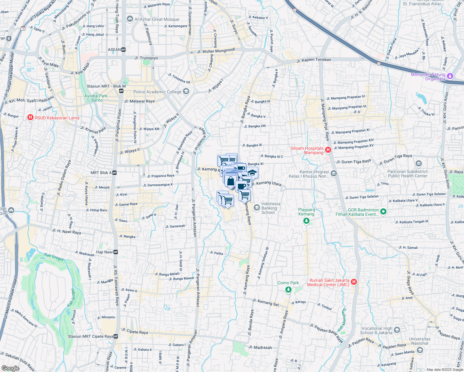 map of restaurants, bars, coffee shops, grocery stores, and more near 12B Jalan Kemang I in Kota Jakarta Selatan