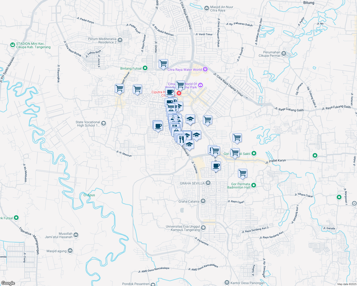 map of restaurants, bars, coffee shops, grocery stores, and more near Jalan Citra Raya Boulevard in Tangerang