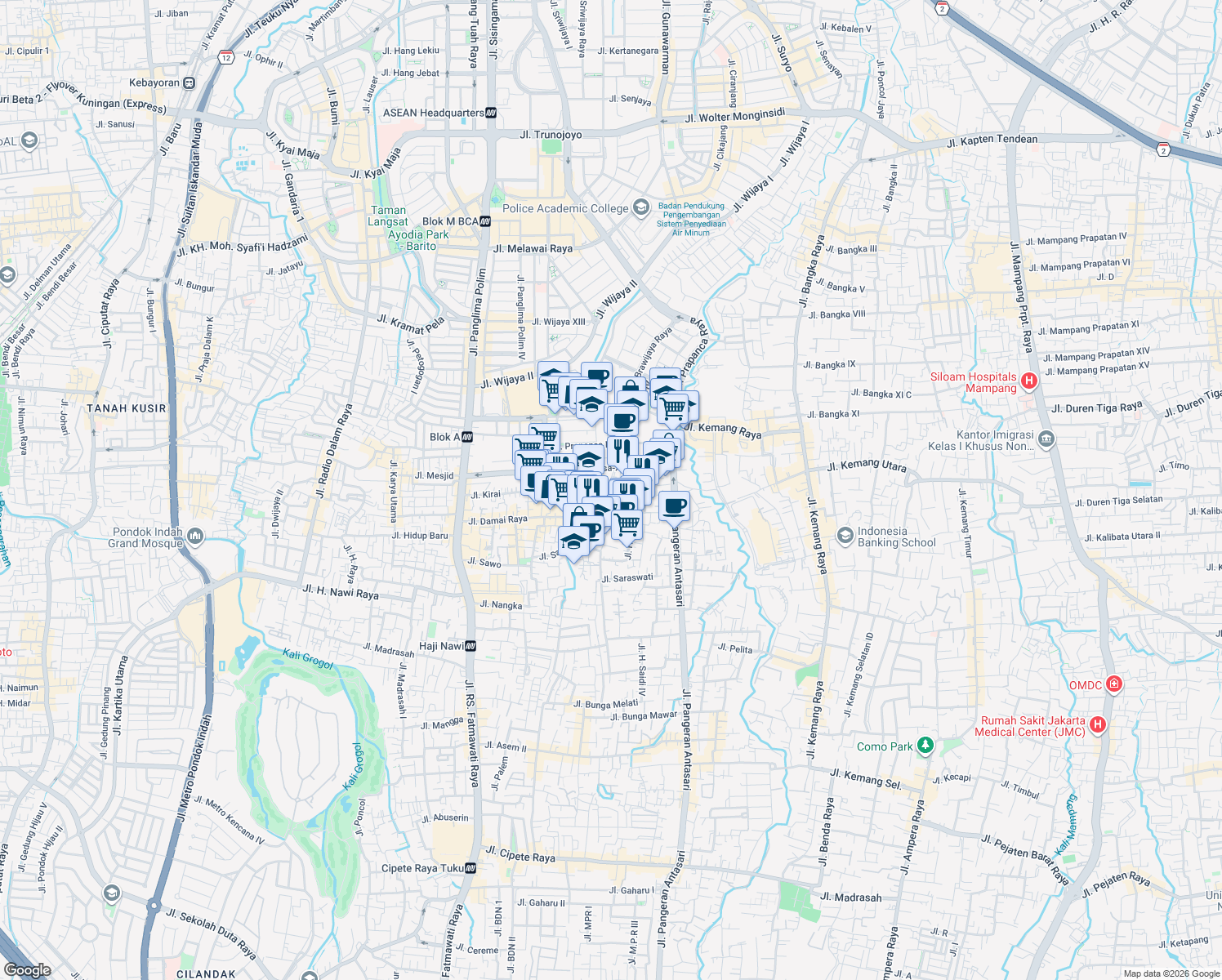 map of restaurants, bars, coffee shops, grocery stores, and more near Jalan Darmawangsa-X in Kota Jakarta Selatan