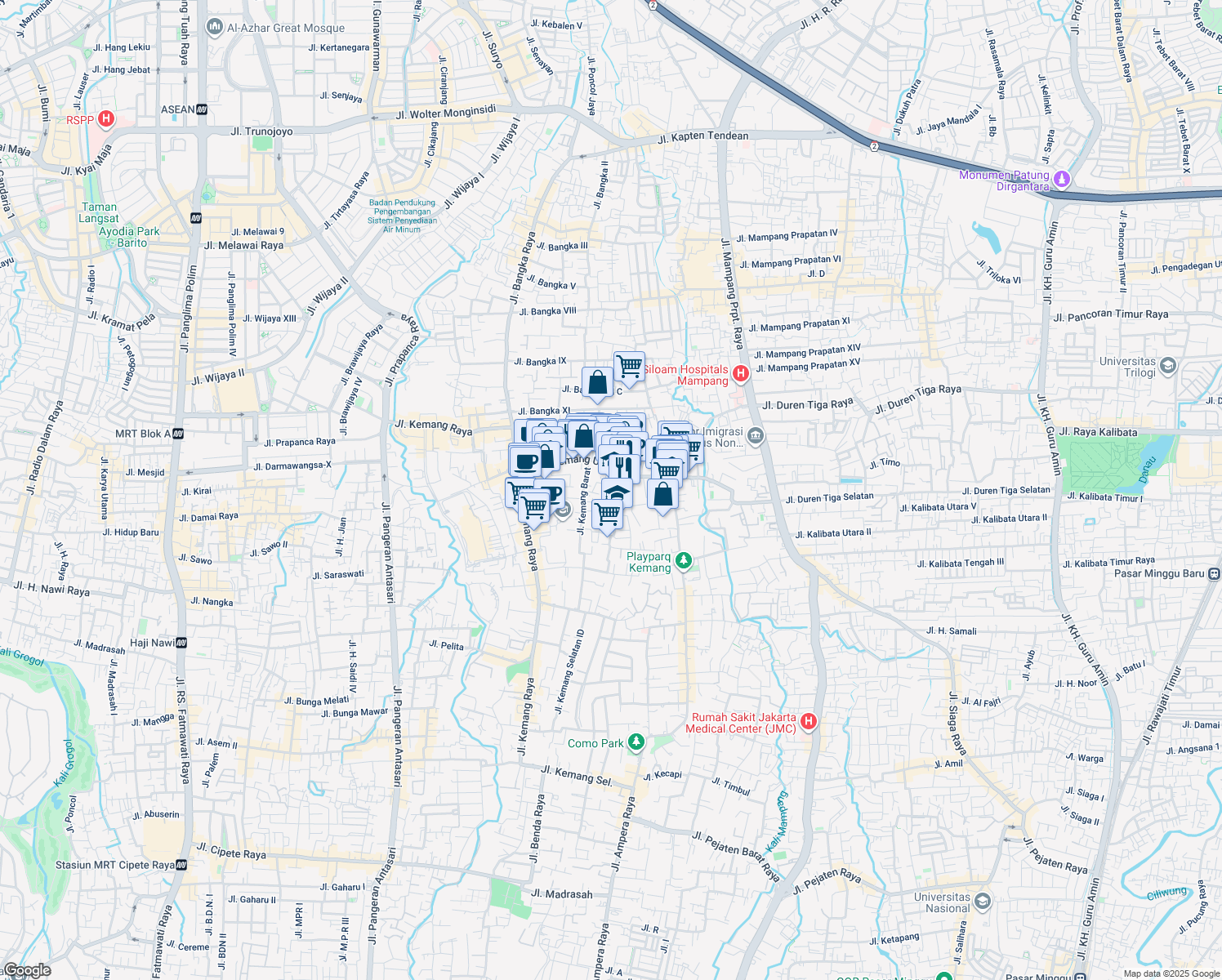 map of restaurants, bars, coffee shops, grocery stores, and more near 9 Jalan Bungur Buntu in South Jakarta