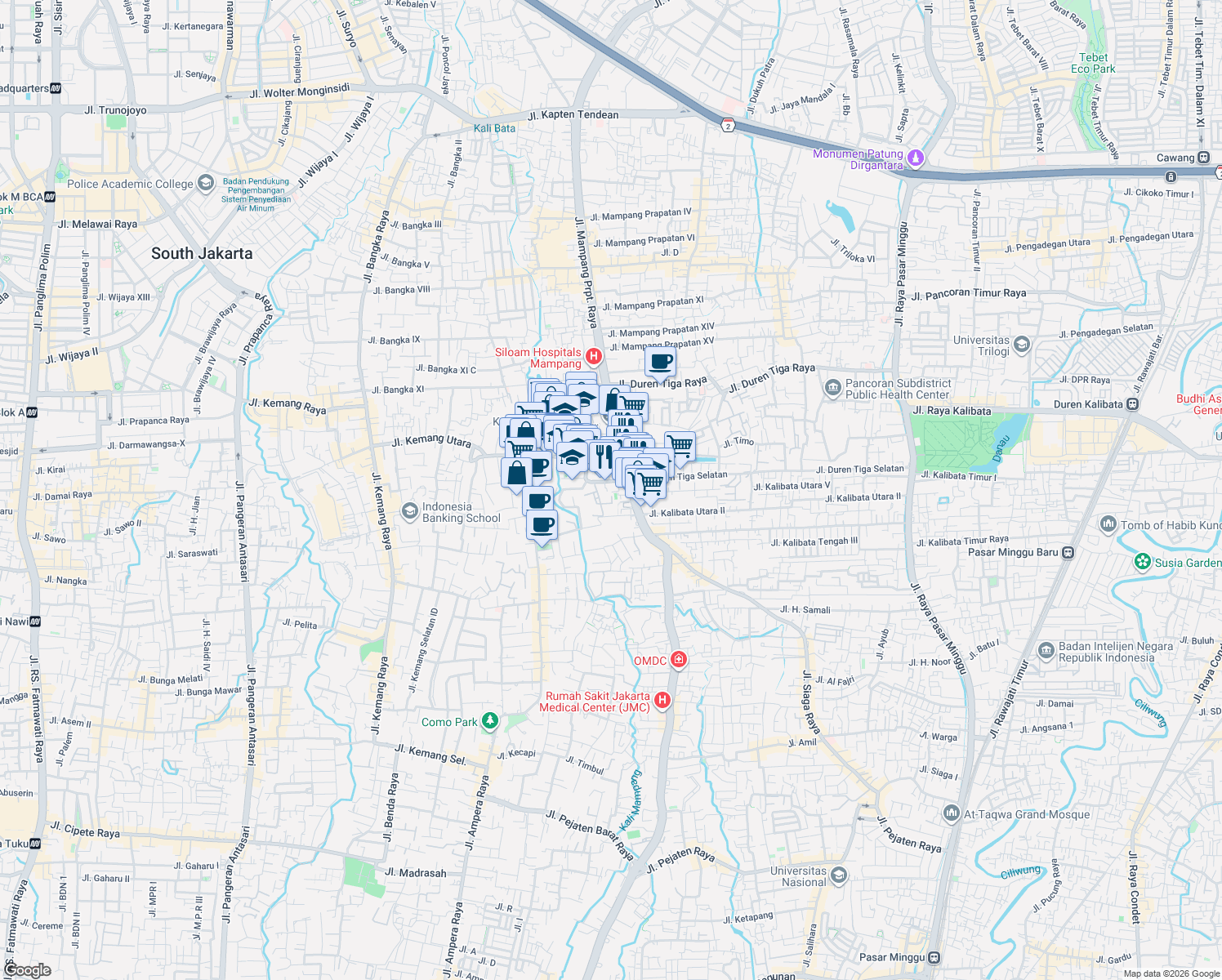 map of restaurants, bars, coffee shops, grocery stores, and more near 27 Jalan Duren Bangka in Kota Jakarta Selatan