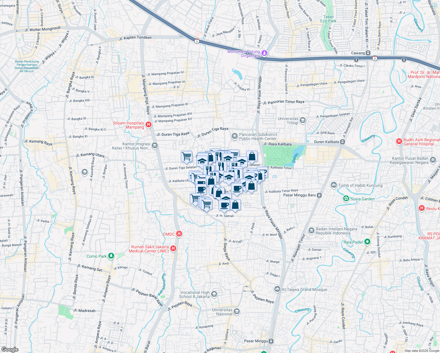 map of restaurants, bars, coffee shops, grocery stores, and more near 37 Jalan Kalibata Raya in South Jakarta