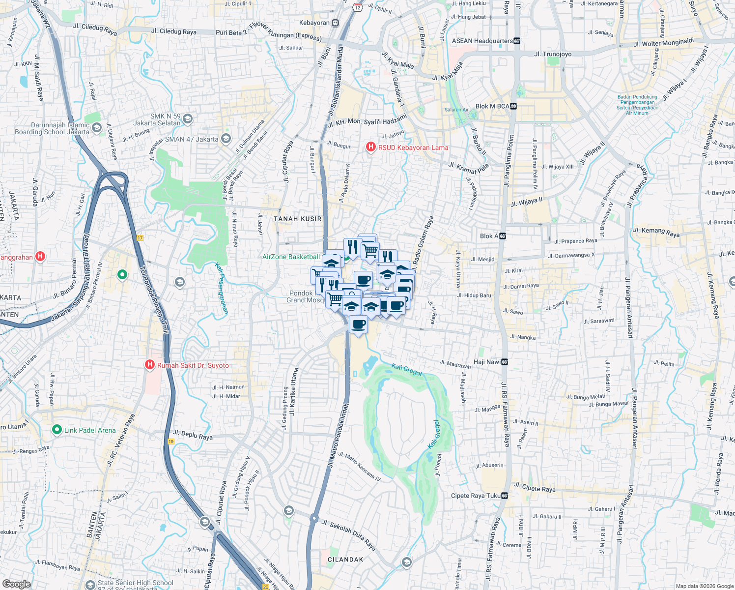 map of restaurants, bars, coffee shops, grocery stores, and more near 4 Jalan Tanah Kusir in Kota Jakarta Selatan