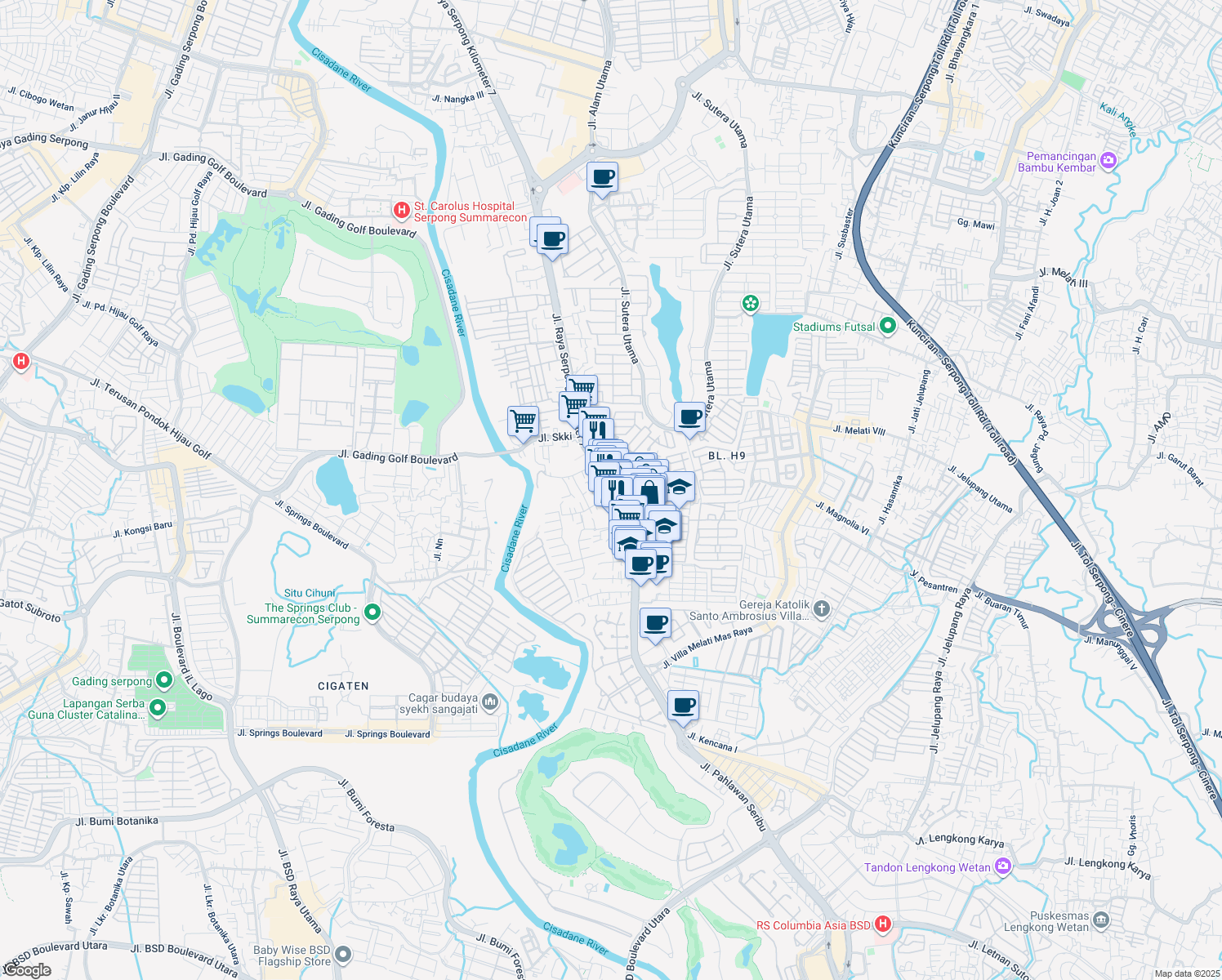 map of restaurants, bars, coffee shops, grocery stores, and more near Jalan Raya Serpong in Kota Tangerang Selatan