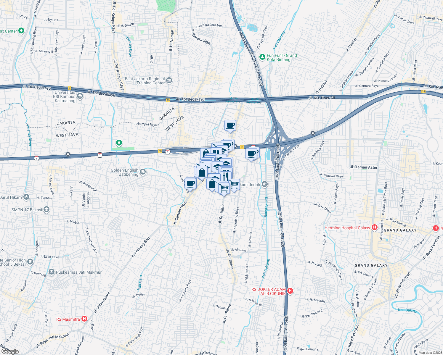 map of restaurants, bars, coffee shops, grocery stores, and more near 87 Jalan Rasamala in Kota Bekasi