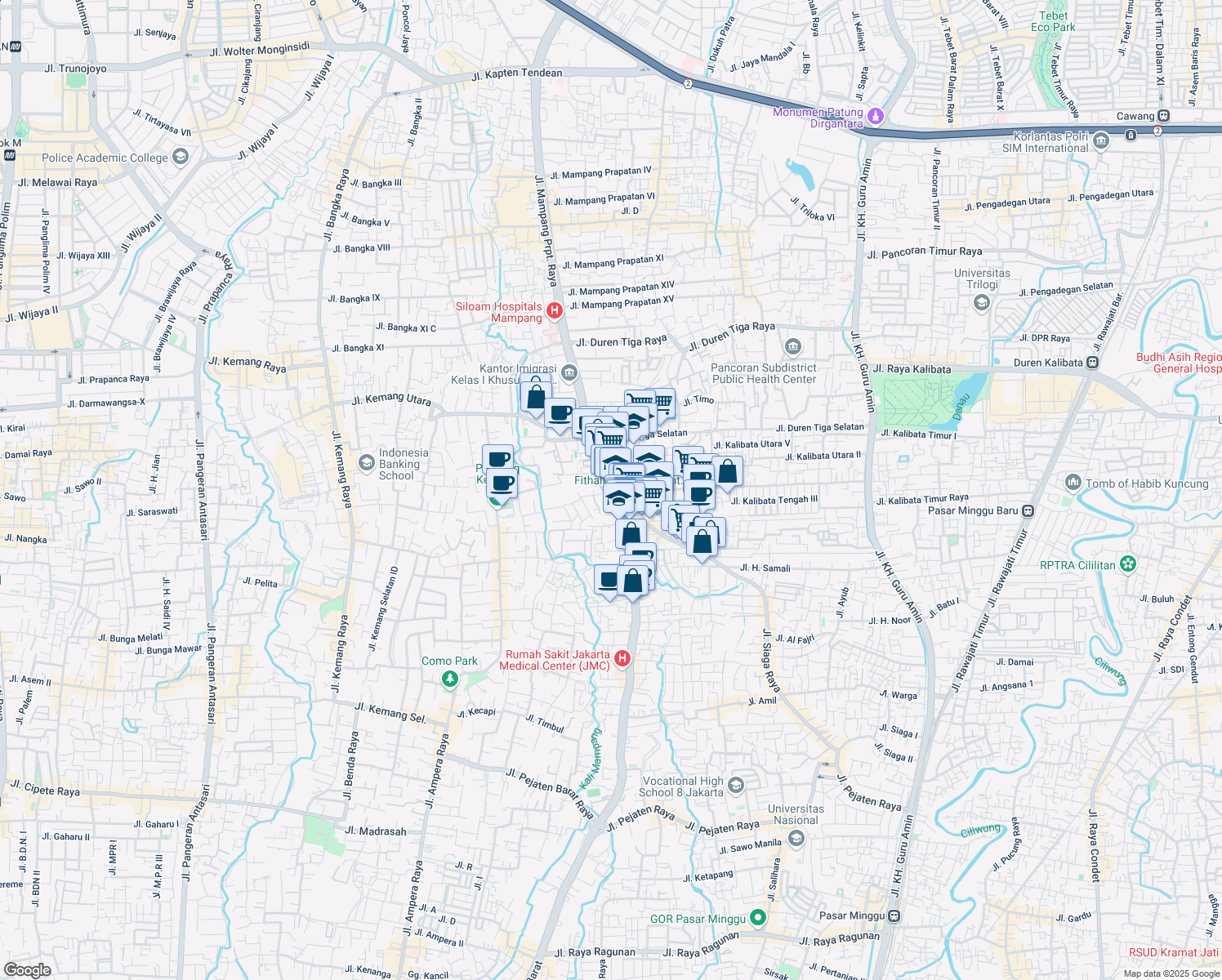 map of restaurants, bars, coffee shops, grocery stores, and more near Jalan Kalibata Tengah in South Jakarta