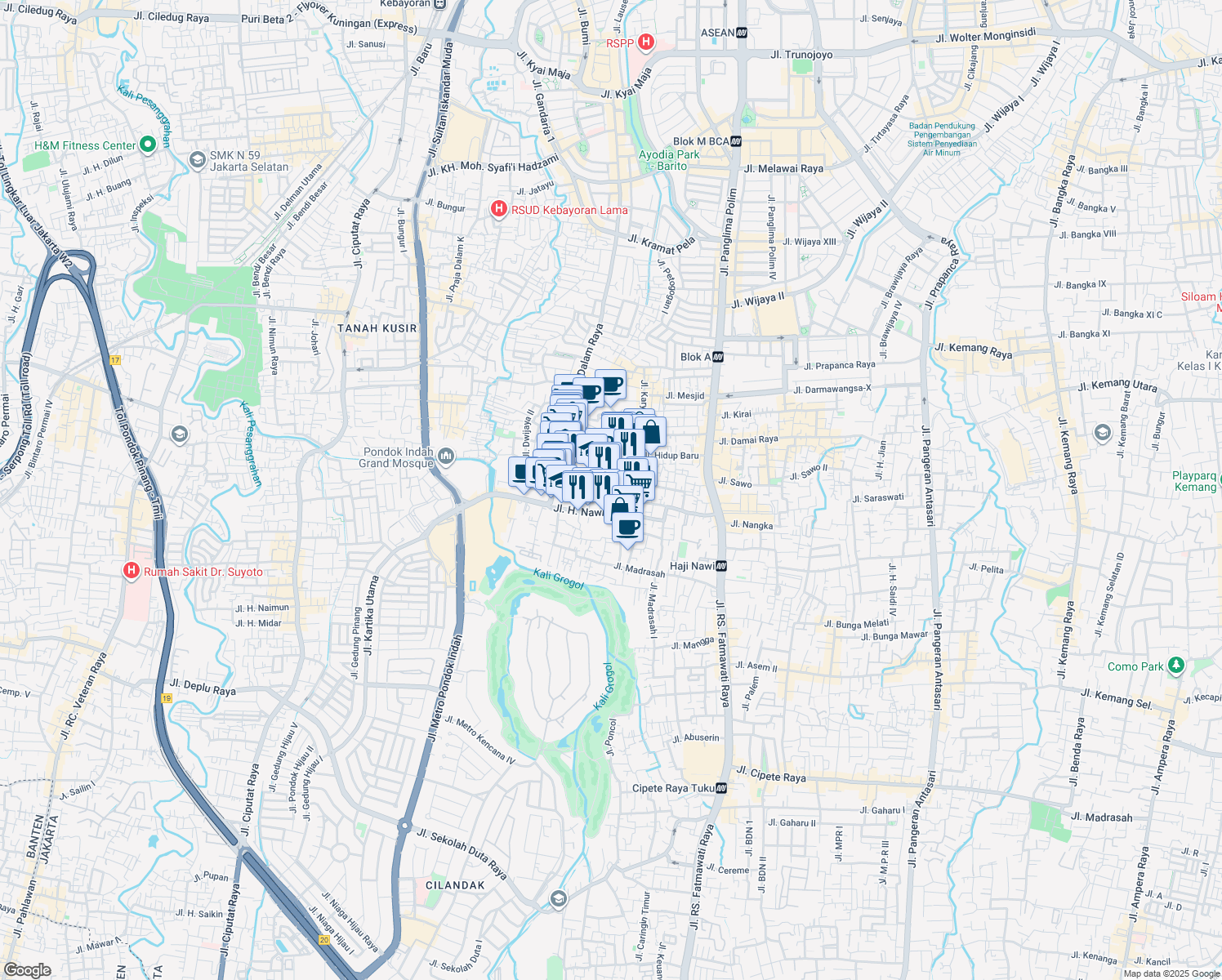 map of restaurants, bars, coffee shops, grocery stores, and more near 7 Jalan Haji Nawi Raya in South Jakarta