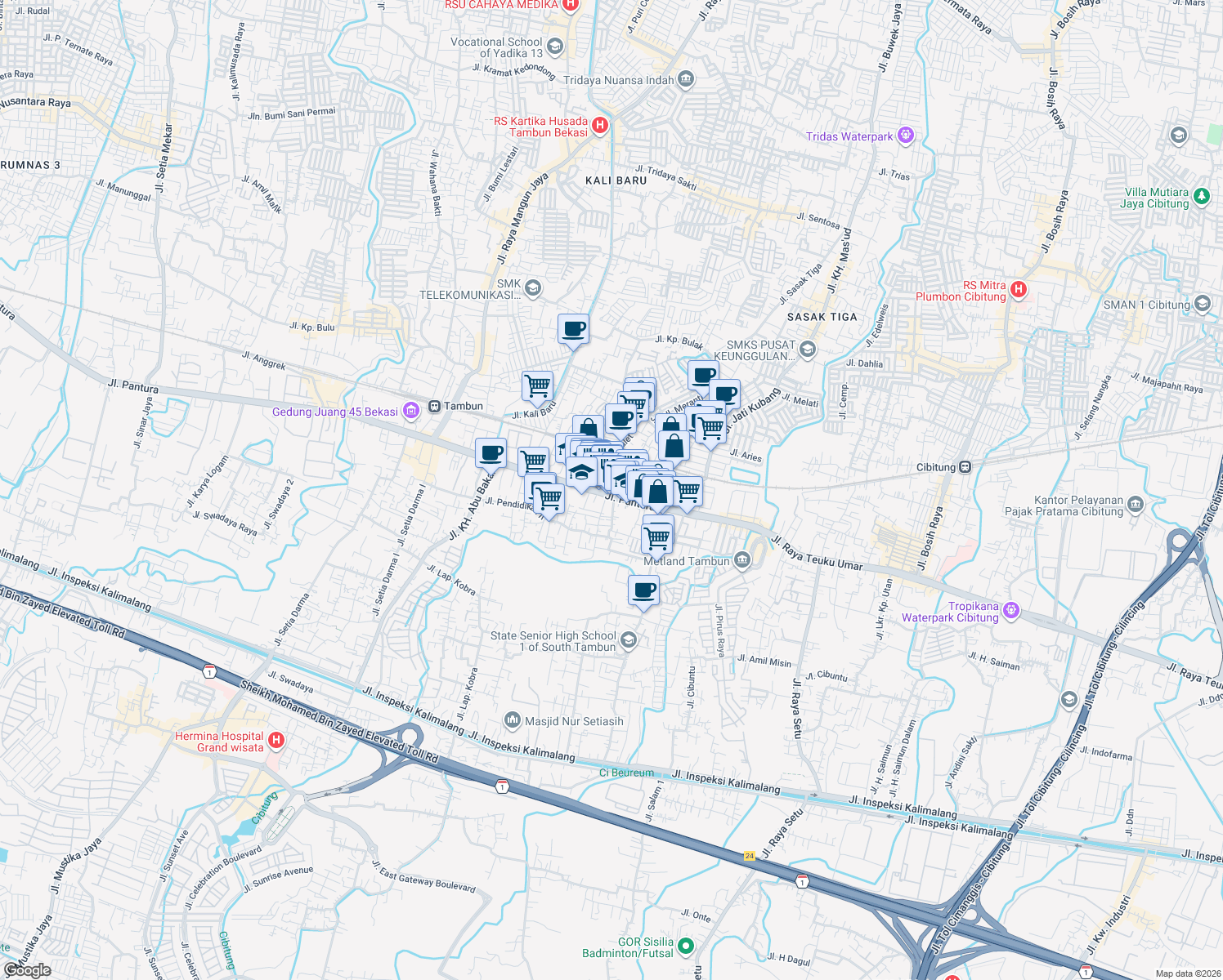 map of restaurants, bars, coffee shops, grocery stores, and more near 86 Jalan Sultan Hasanudin in Kabupaten Bekasi
