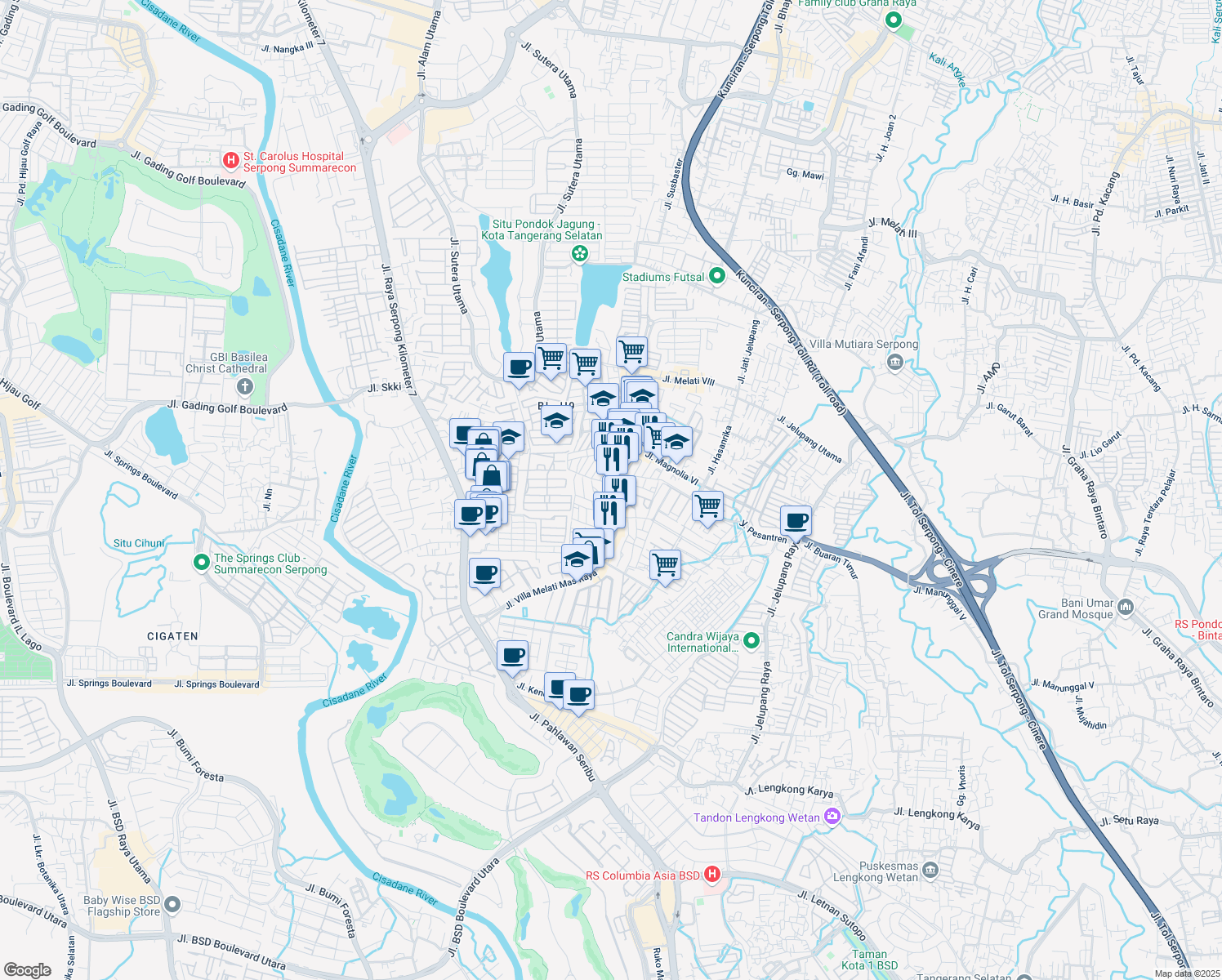 map of restaurants, bars, coffee shops, grocery stores, and more near 14 Jalan Melati Raya in Tangerang Selatan