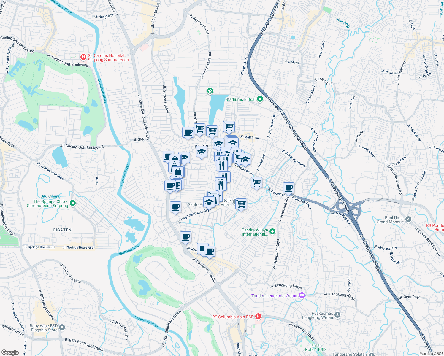 map of restaurants, bars, coffee shops, grocery stores, and more near 14 Jalan Taman Kedaung Raya in Kota Tangerang Selatan