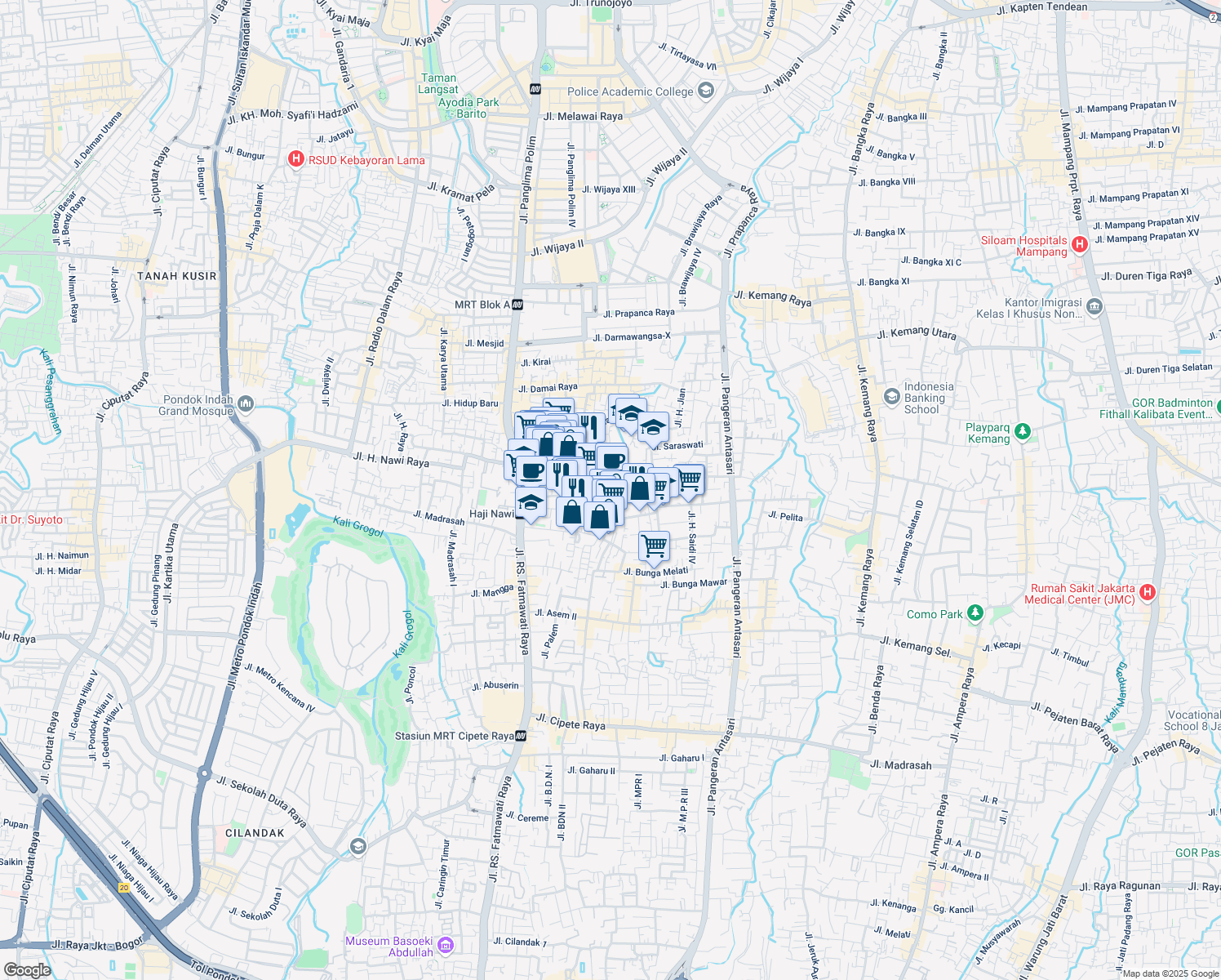 map of restaurants, bars, coffee shops, grocery stores, and more near Jalan Haji Saidi I in Kota Jakarta Selatan