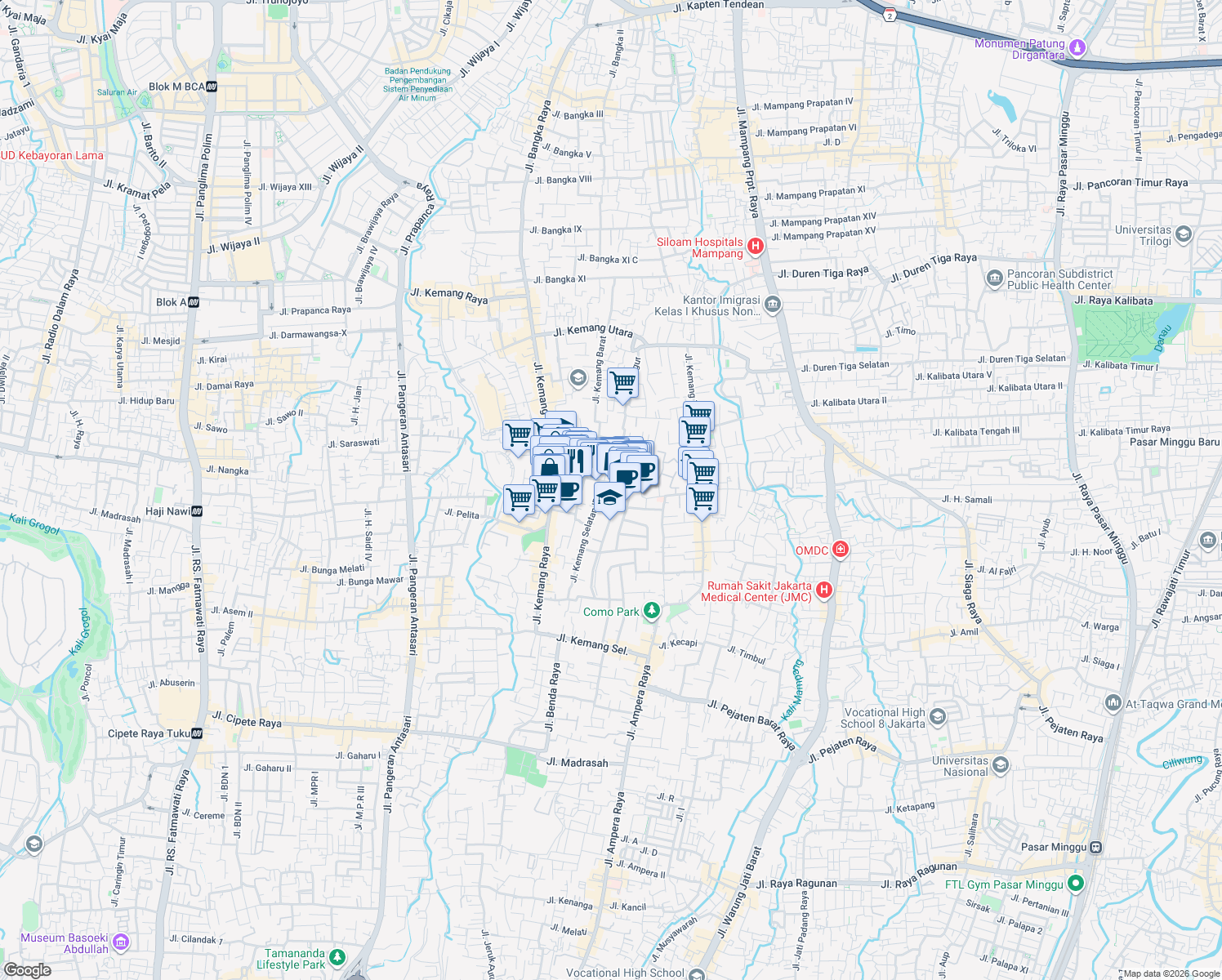 map of restaurants, bars, coffee shops, grocery stores, and more near 124 Jalan Kemang Dalam X in Kota Jakarta Selatan