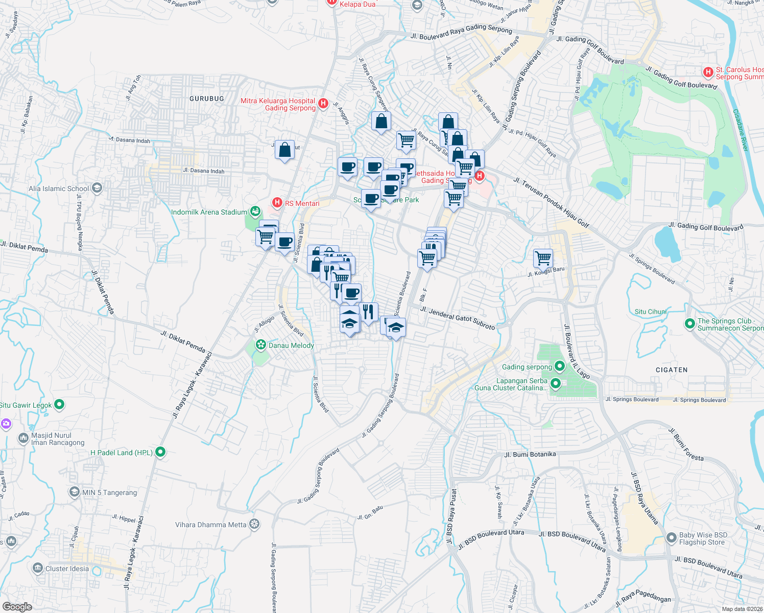 map of restaurants, bars, coffee shops, grocery stores, and more near Jalan Boulevard Raya Gading Serpong in Tangerang