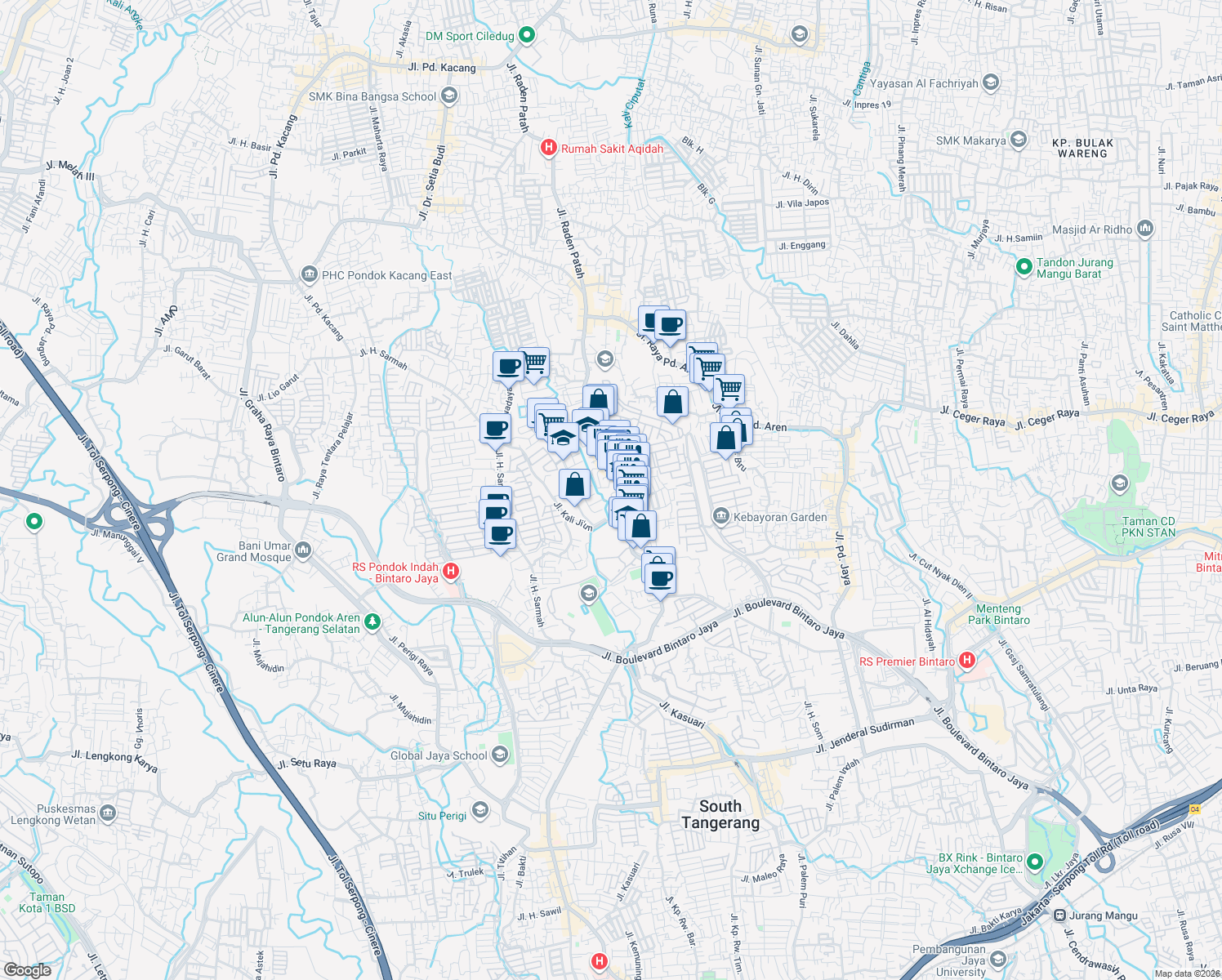 map of restaurants, bars, coffee shops, grocery stores, and more near 15 Jalan Jombang Raya in South Tangerang
