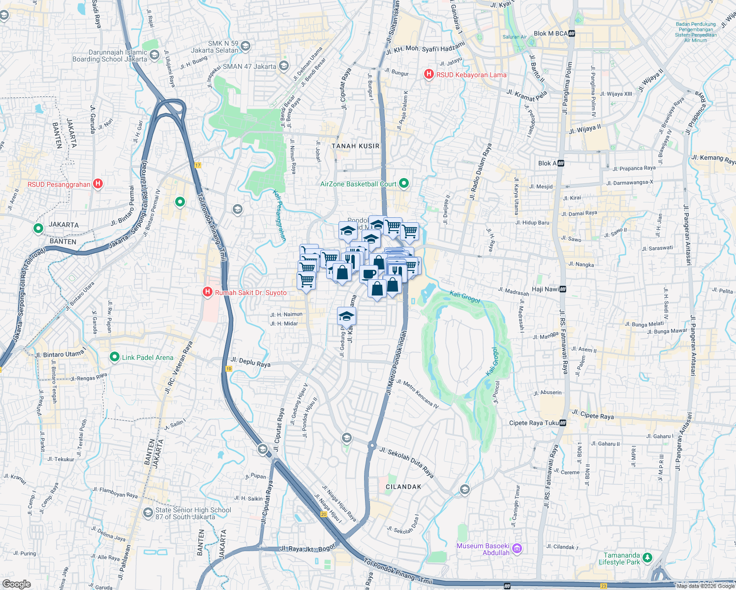 map of restaurants, bars, coffee shops, grocery stores, and more near Jalan Alam Elok VI in Kota Jakarta Selatan