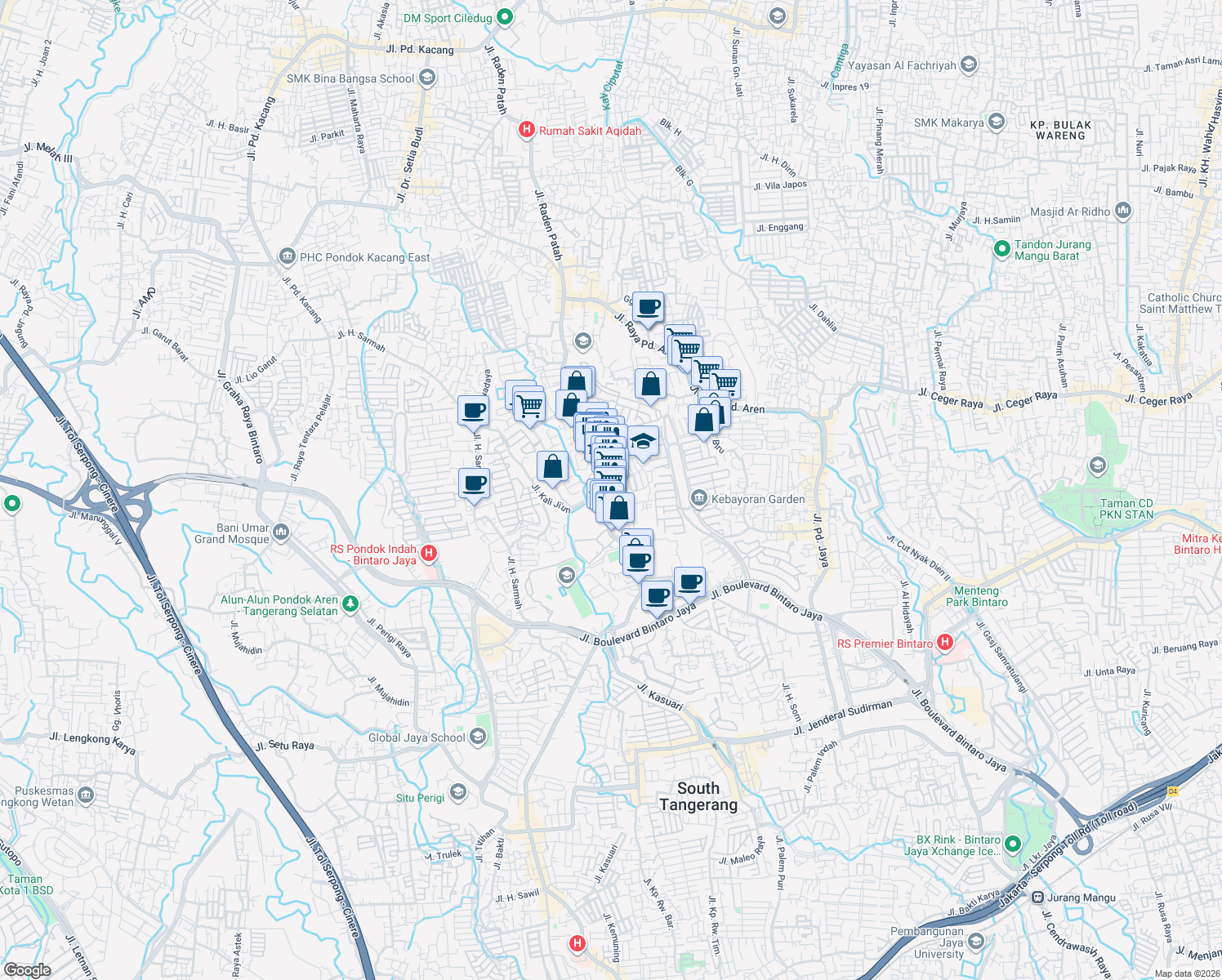 map of restaurants, bars, coffee shops, grocery stores, and more near 15 Jalan Jombang Raya in Kota Tangerang Selatan