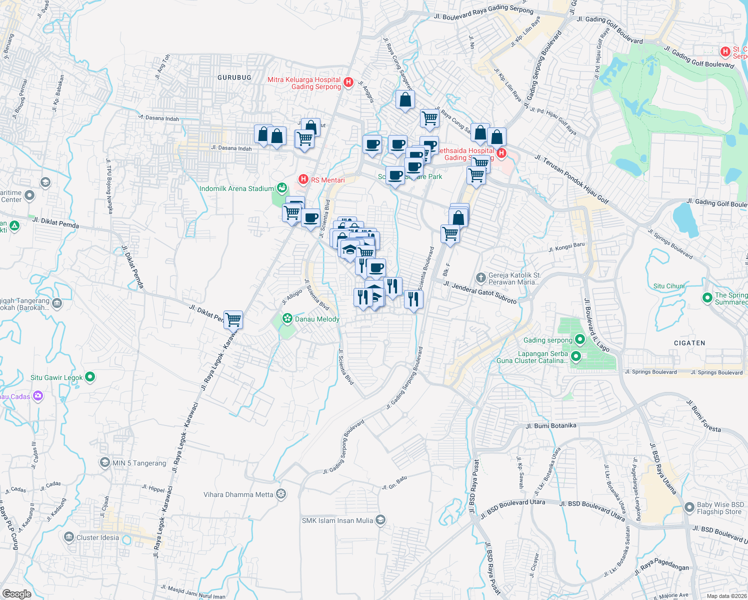 map of restaurants, bars, coffee shops, grocery stores, and more near 57 Jalan Kampung Medang in Kabupaten Tangerang