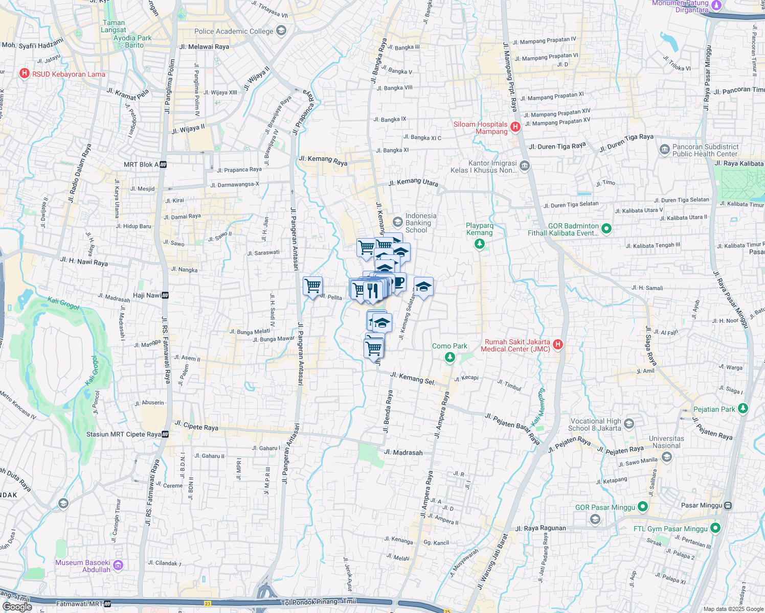 map of restaurants, bars, coffee shops, grocery stores, and more near Jalan Kemang Raya in Kota Jakarta Selatan