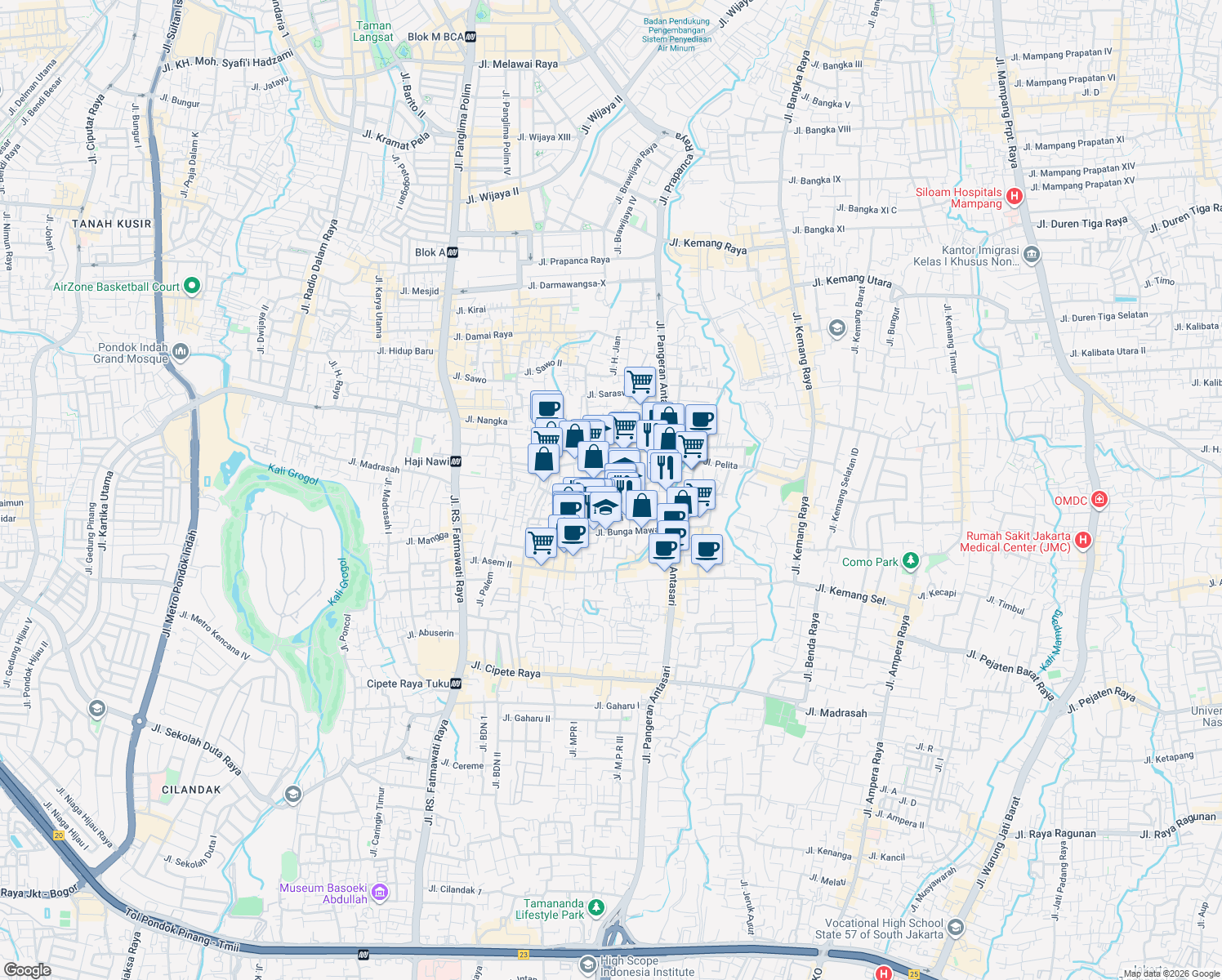 map of restaurants, bars, coffee shops, grocery stores, and more near in South Jakarta City