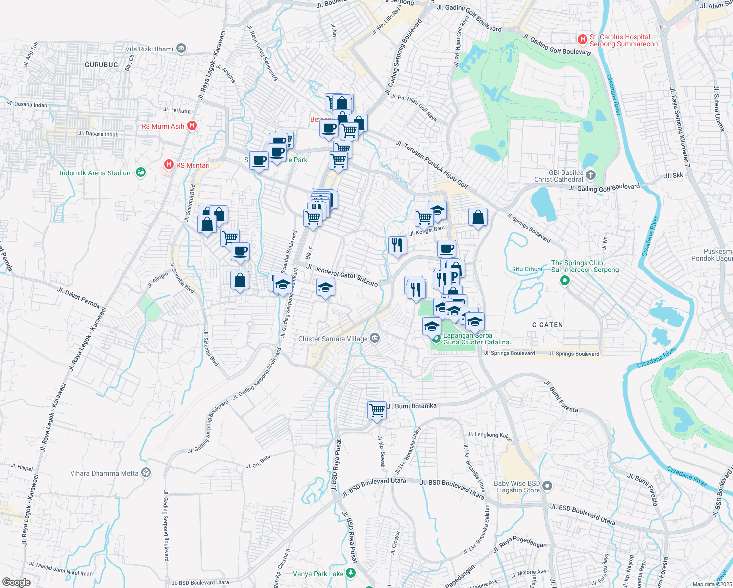 map of restaurants, bars, coffee shops, grocery stores, and more near Jalan Jenderal Gatot Subroto in Tangerang