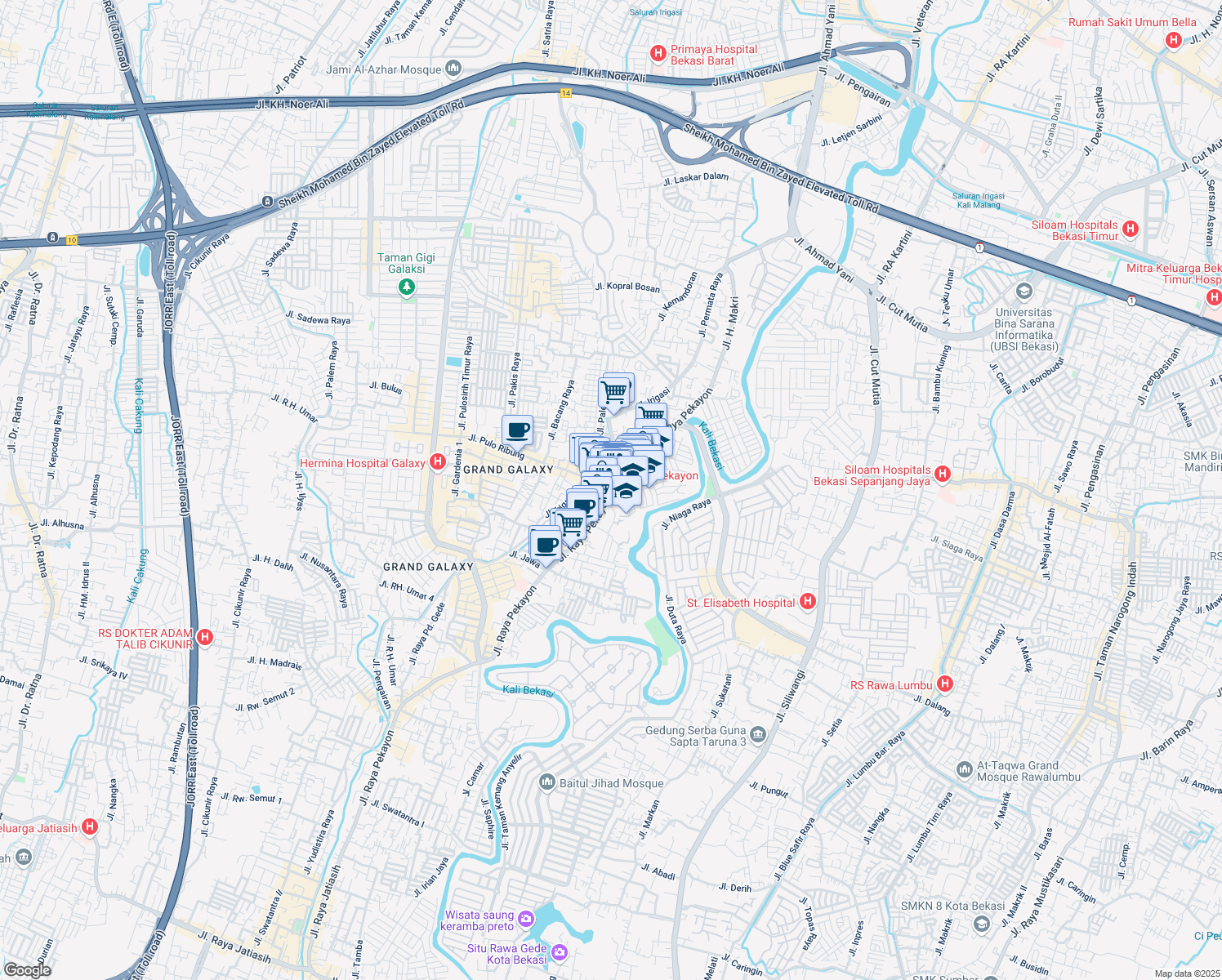 map of restaurants, bars, coffee shops, grocery stores, and more near no.02 Jalan Raya Pekayon in Kota Bekasi