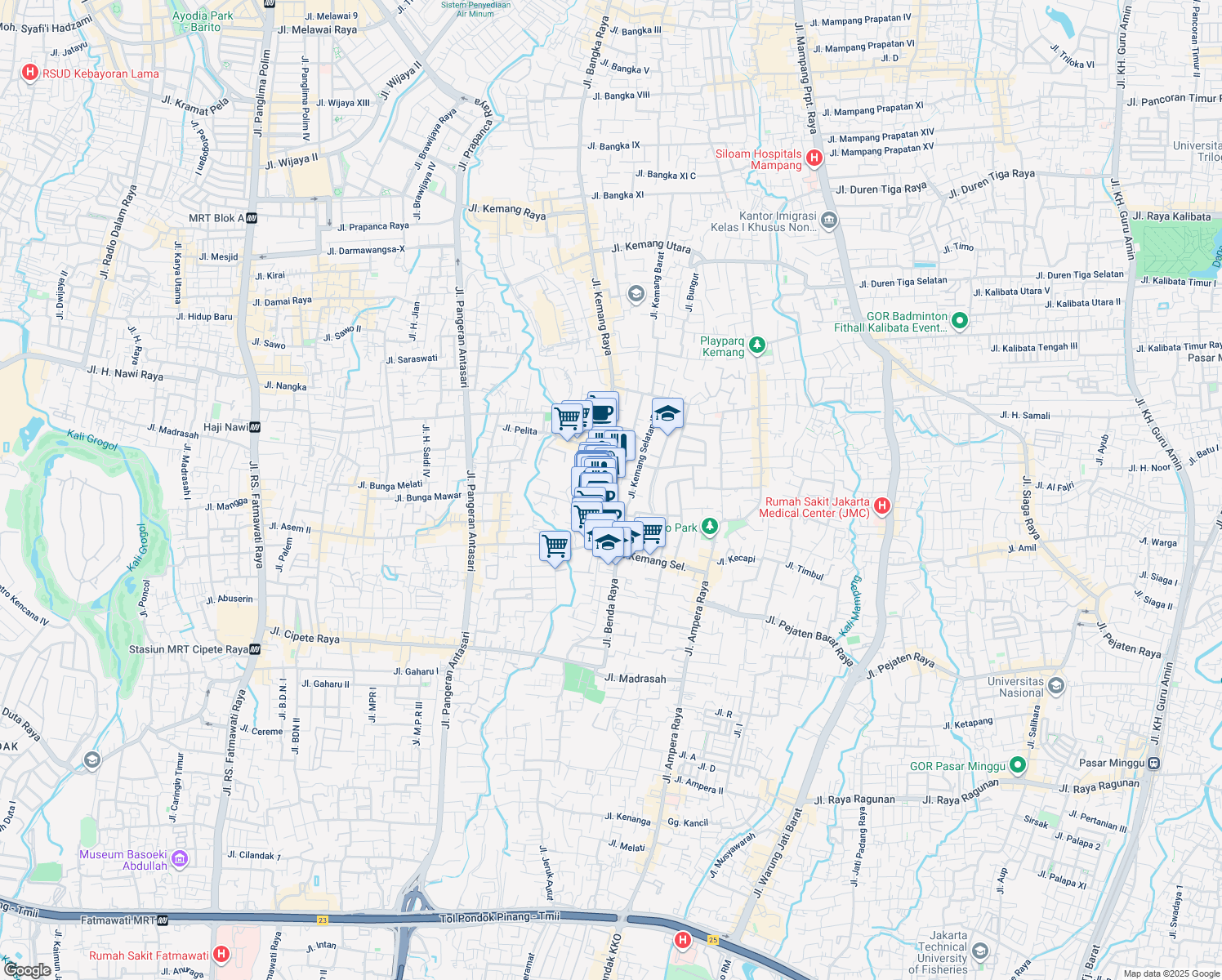 map of restaurants, bars, coffee shops, grocery stores, and more near 83F Jalan Kemang Raya in Kota Jakarta Selatan