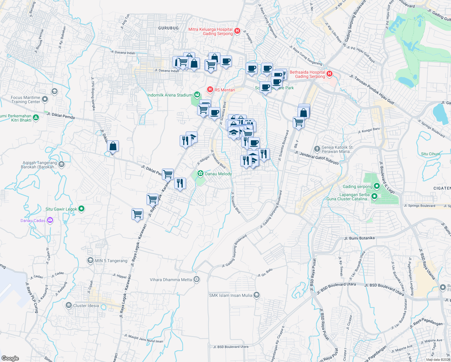 map of restaurants, bars, coffee shops, grocery stores, and more near Jalan Strozzi Barat III in Kabupaten Tangerang