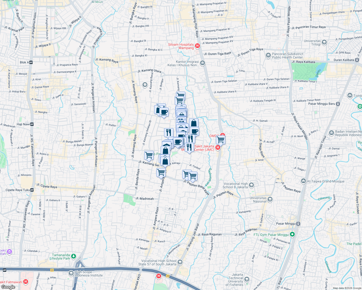 map of restaurants, bars, coffee shops, grocery stores, and more near 78 Jalan Kemang Timur in Kota Jakarta Selatan