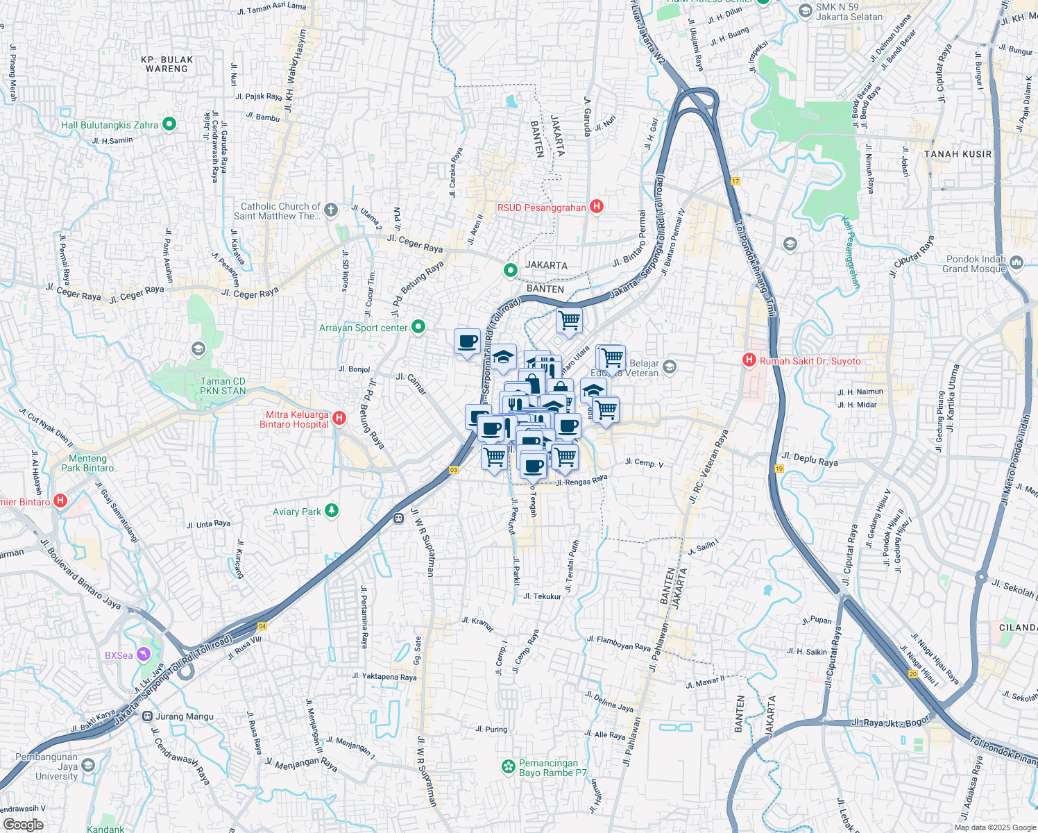 map of restaurants, bars, coffee shops, grocery stores, and more near Jalan Bintaro Utara in Kota Jakarta Selatan