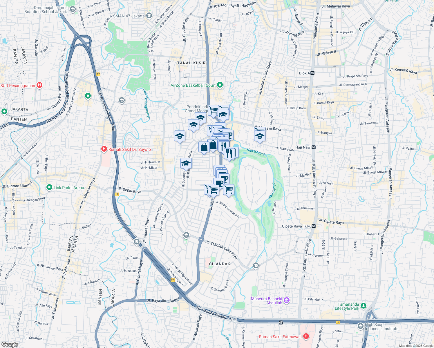 map of restaurants, bars, coffee shops, grocery stores, and more near 16 Jalan Metro Pondok Indah in Kota Jakarta Selatan