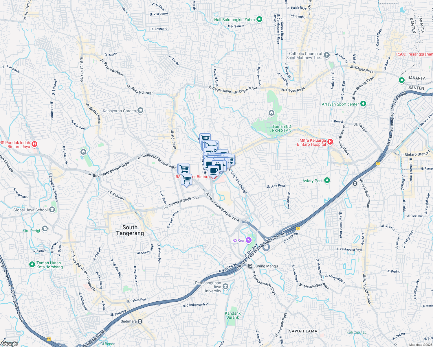 map of restaurants, bars, coffee shops, grocery stores, and more near Jalan Muhammad Husni Thamrin in Kota Tangerang Selatan