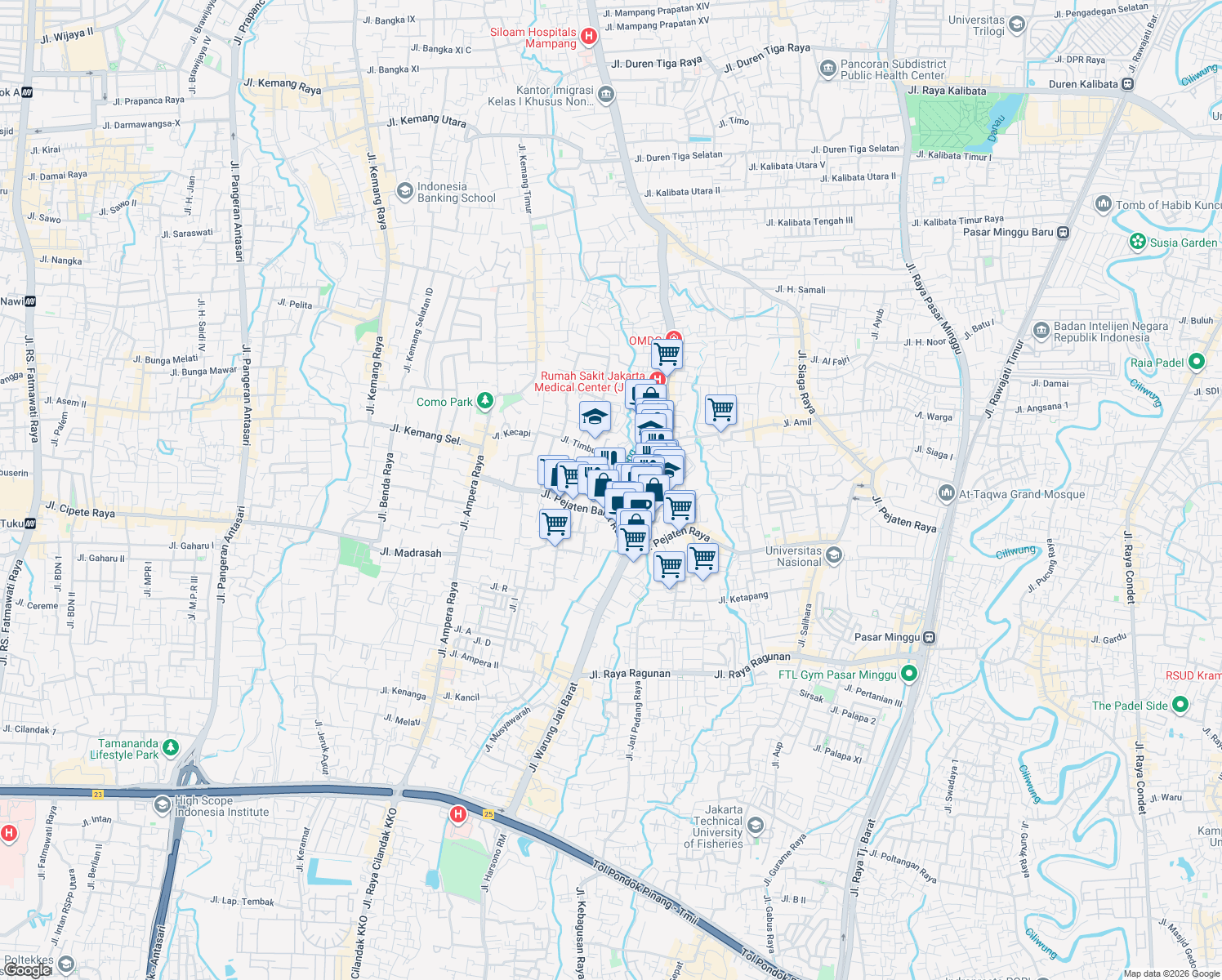 map of restaurants, bars, coffee shops, grocery stores, and more near 20 A Jalan Pejaten Barat IV in Kota Jakarta Selatan