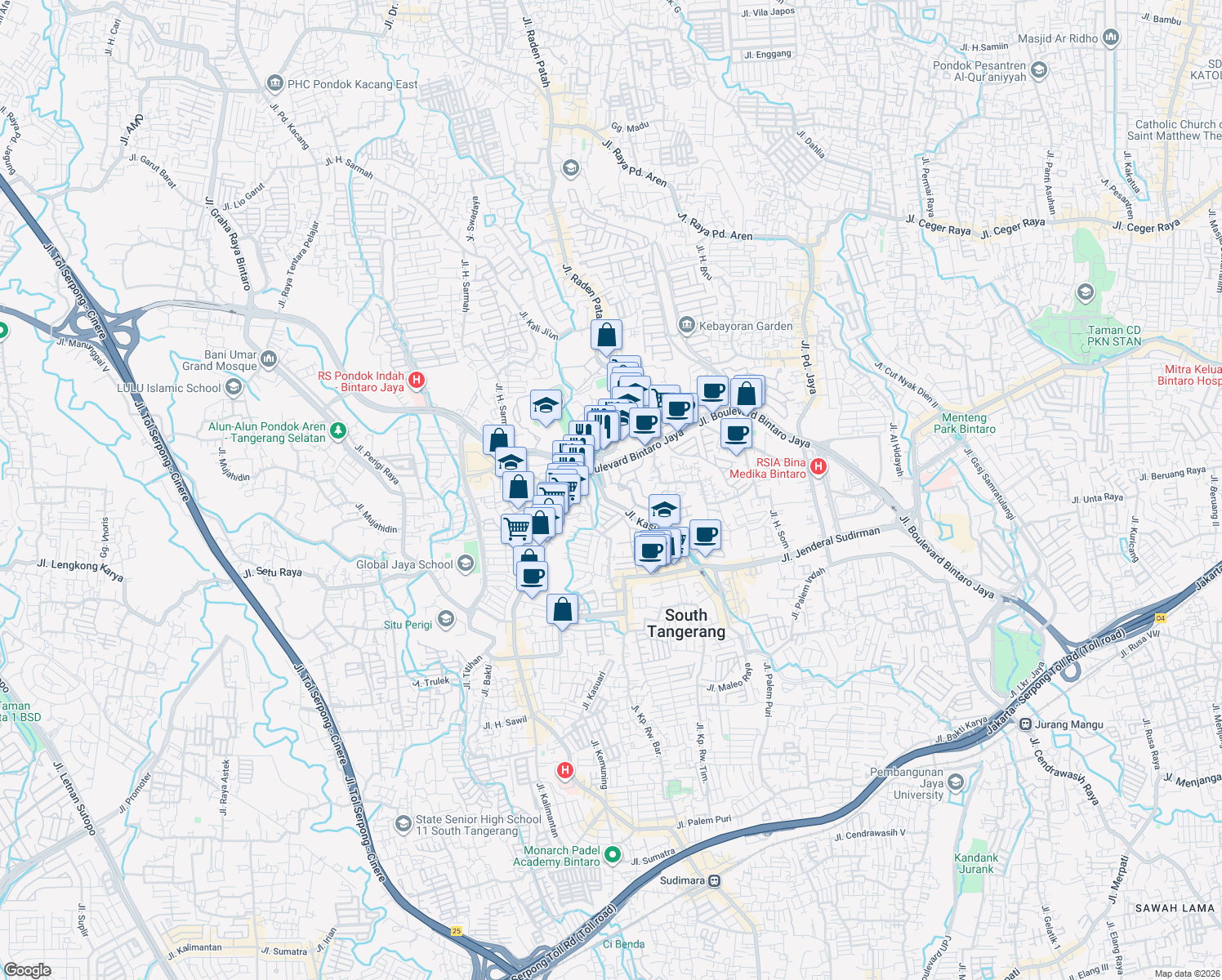 map of restaurants, bars, coffee shops, grocery stores, and more near Jalan Graha Bintaro in Kota Tangerang Selatan