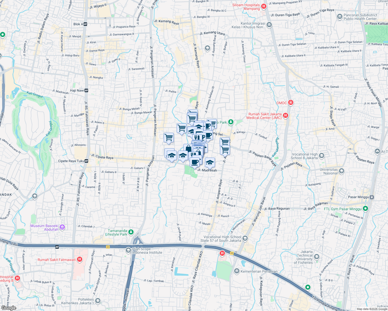 map of restaurants, bars, coffee shops, grocery stores, and more near 18a Jalan Benda Bawah in Kota Jakarta Selatan