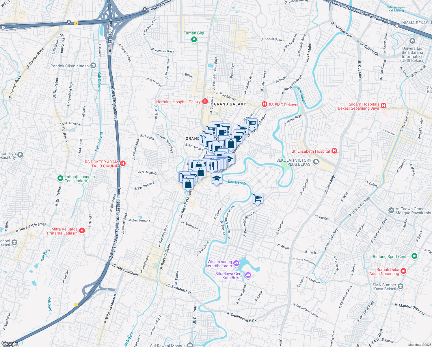 map of restaurants, bars, coffee shops, grocery stores, and more near 2 Jalan Raya Pekayon in Kota Bekasi