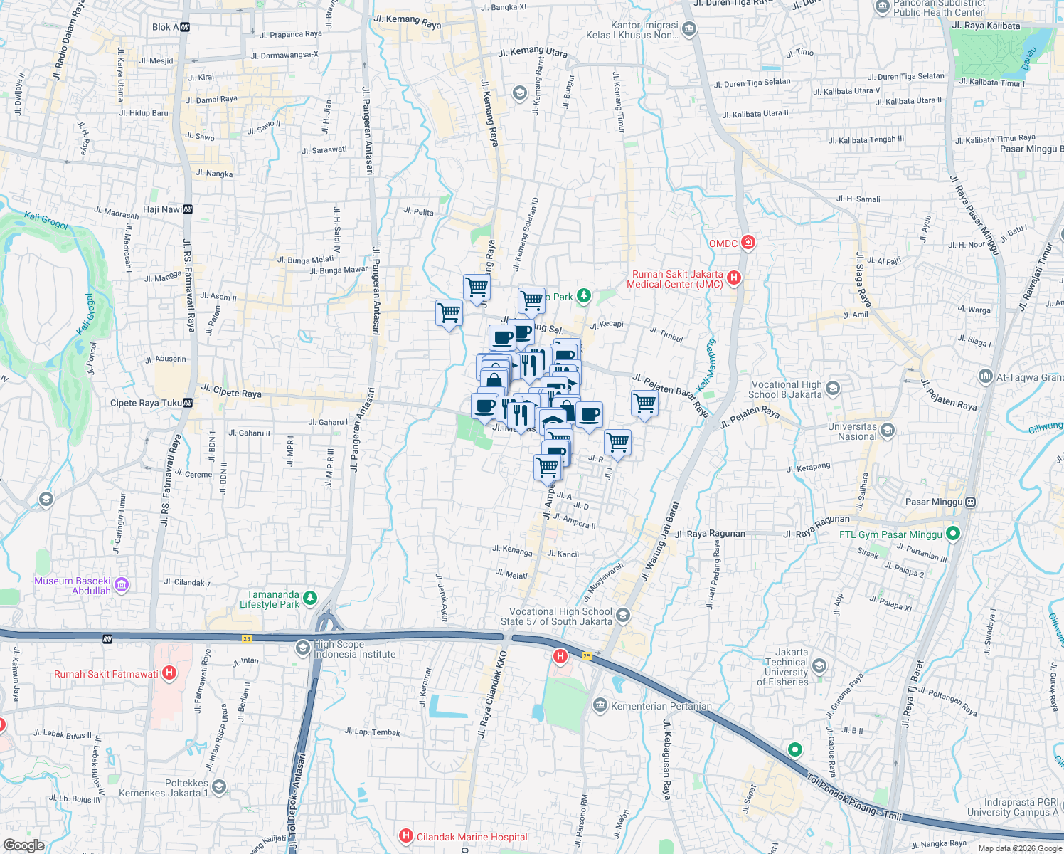 map of restaurants, bars, coffee shops, grocery stores, and more near 20 Jalan Haji Musa in Kota Jakarta Timur