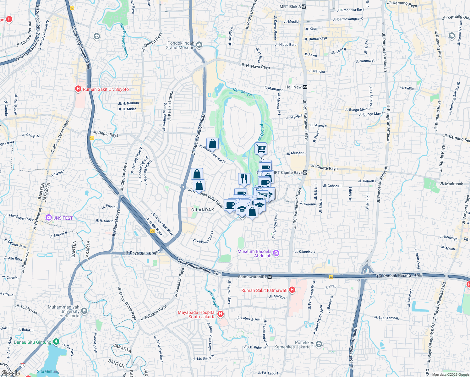map of restaurants, bars, coffee shops, grocery stores, and more near 20B Jalan Terogong Kecil in Kota Jakarta Selatan