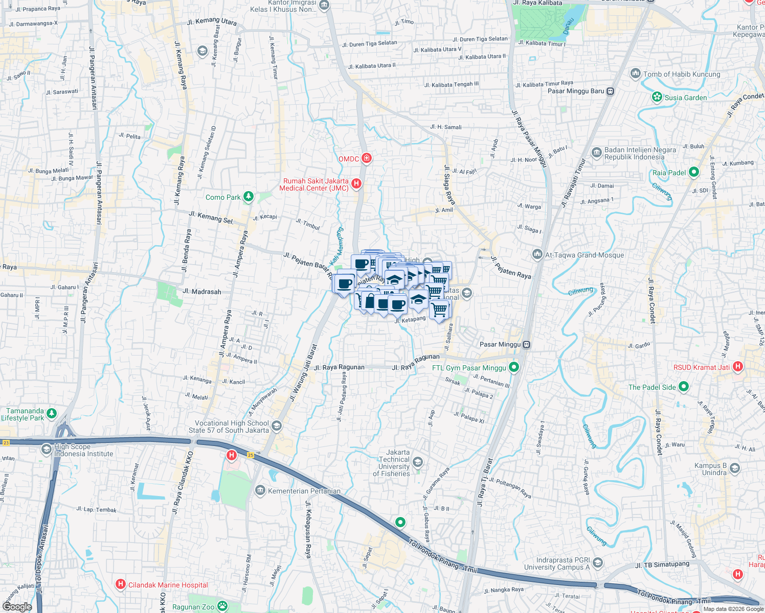 map of restaurants, bars, coffee shops, grocery stores, and more near 70 Jalan Pejaten Raya in South Jakarta